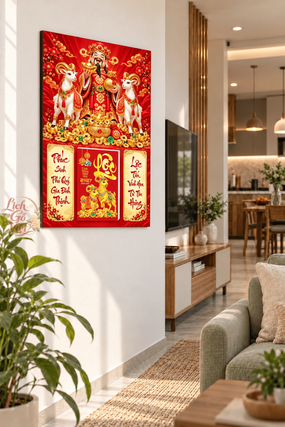 Lịch gỗ treo tường 2027 Thần Tài Song Dương 40x60cm LGV27T4-58 — ảnh 3