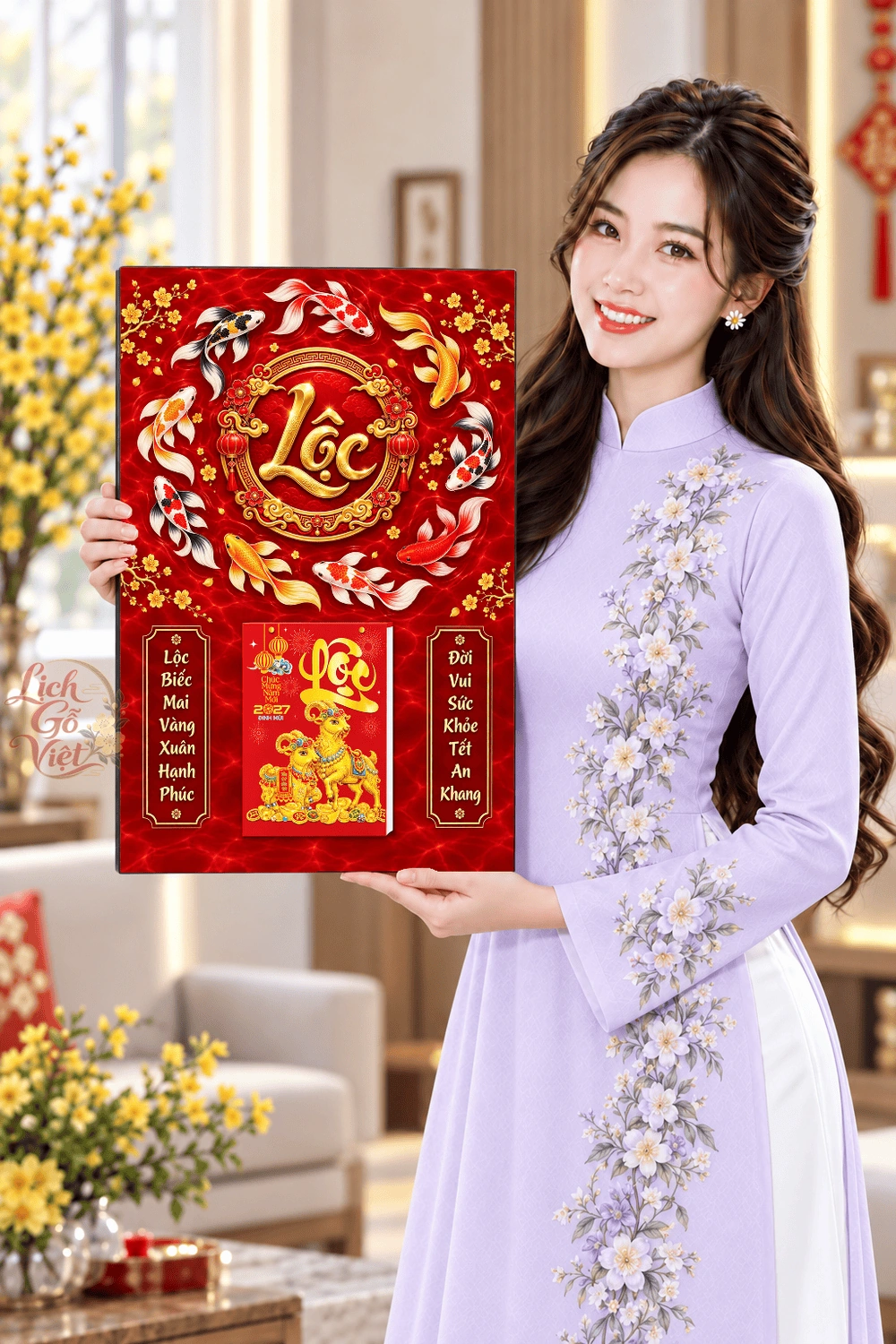 Lịch gỗ treo tường 2027 Cửu Ngư Hội Lộc 40x60cm LGV27T4-59 — ảnh 4