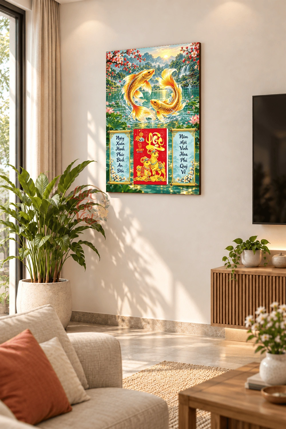 Lịch gỗ treo tường 2027 Song Ngư Kim Sắc Sơn Thủy 40x60cm LGV27T4-61 — ảnh 2