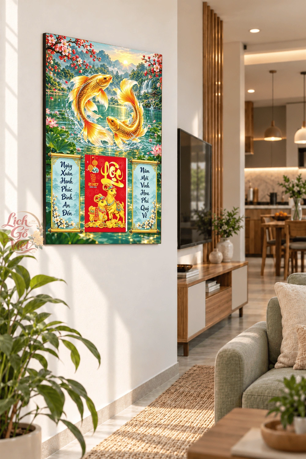 Lịch gỗ treo tường 2027 Song Ngư Kim Sắc Sơn Thủy 40x60cm LGV27T4-61 — ảnh 3