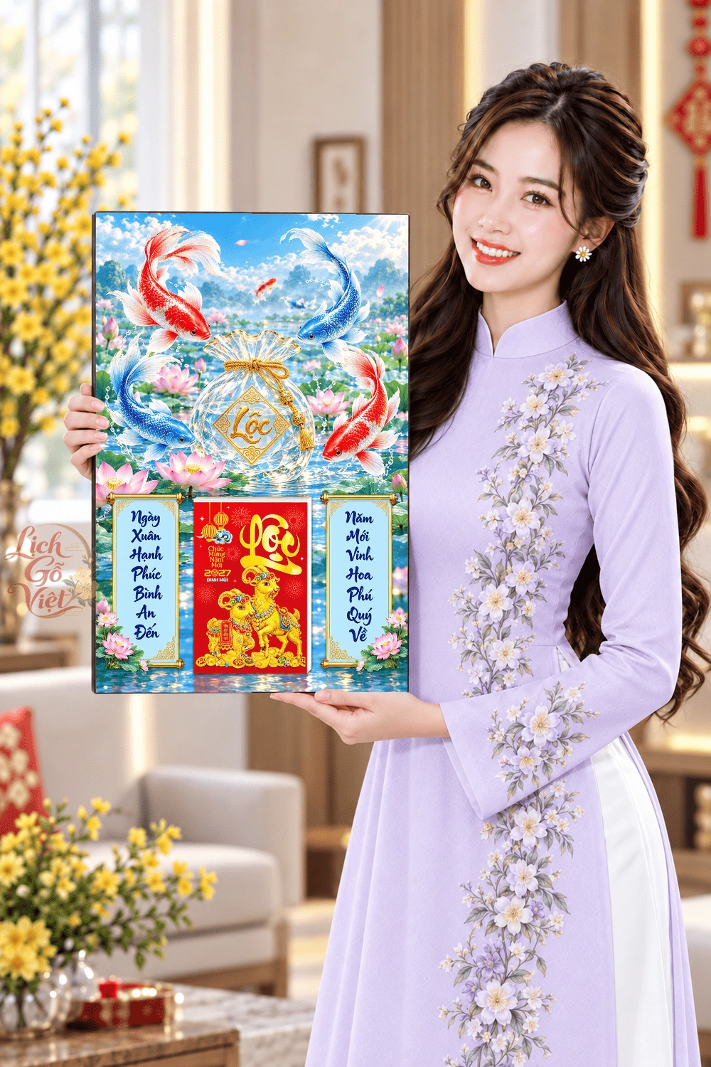 Lịch gỗ treo tường 2027 Tứ Ngư Túi Lộc 40x60cm LGV27T4-62 — ảnh 4
