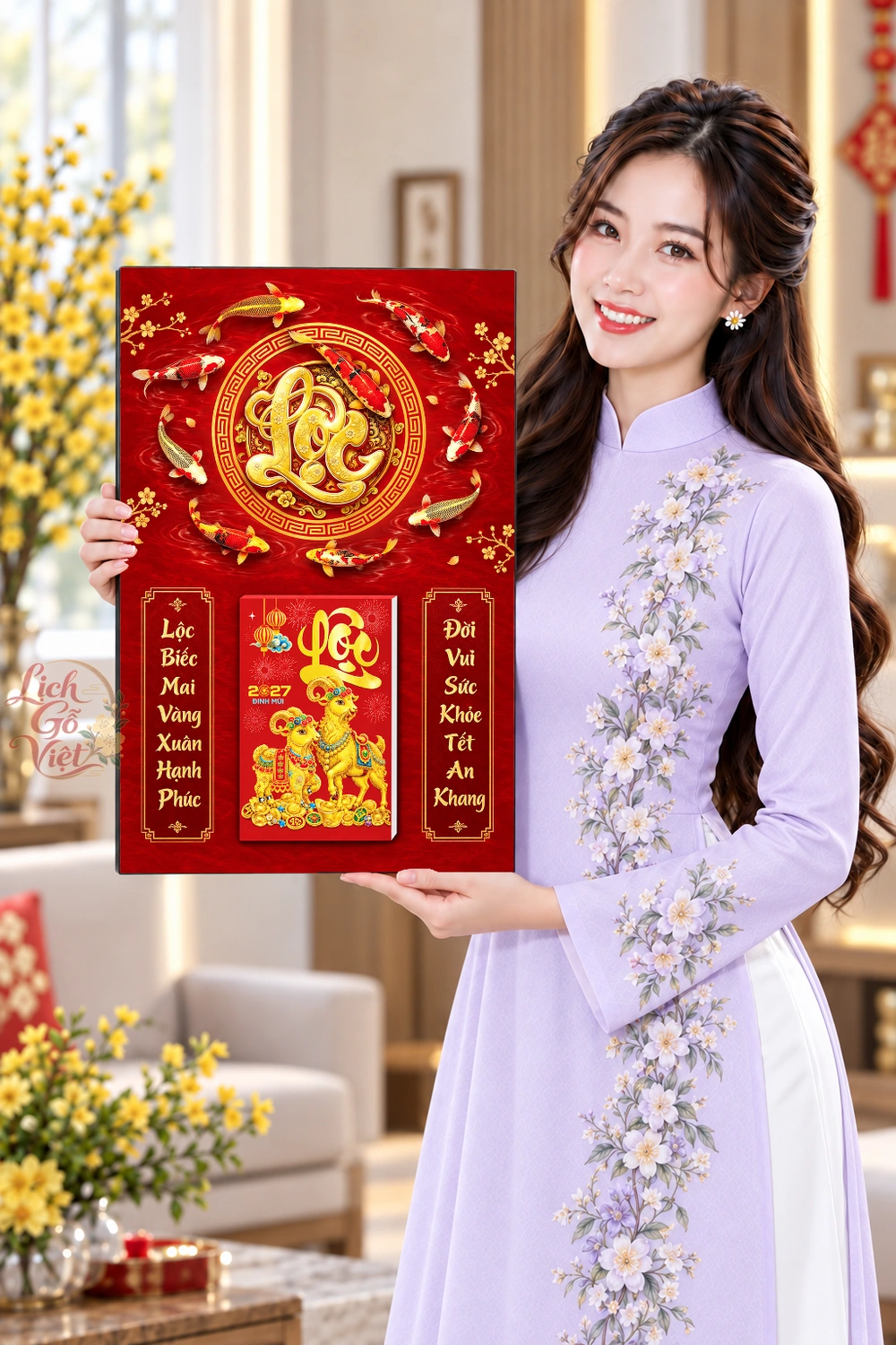 Lịch gỗ treo tường 2027 Cửu Ngư Đại Lộc 40x60cm LGV27T4-70 — ảnh 4