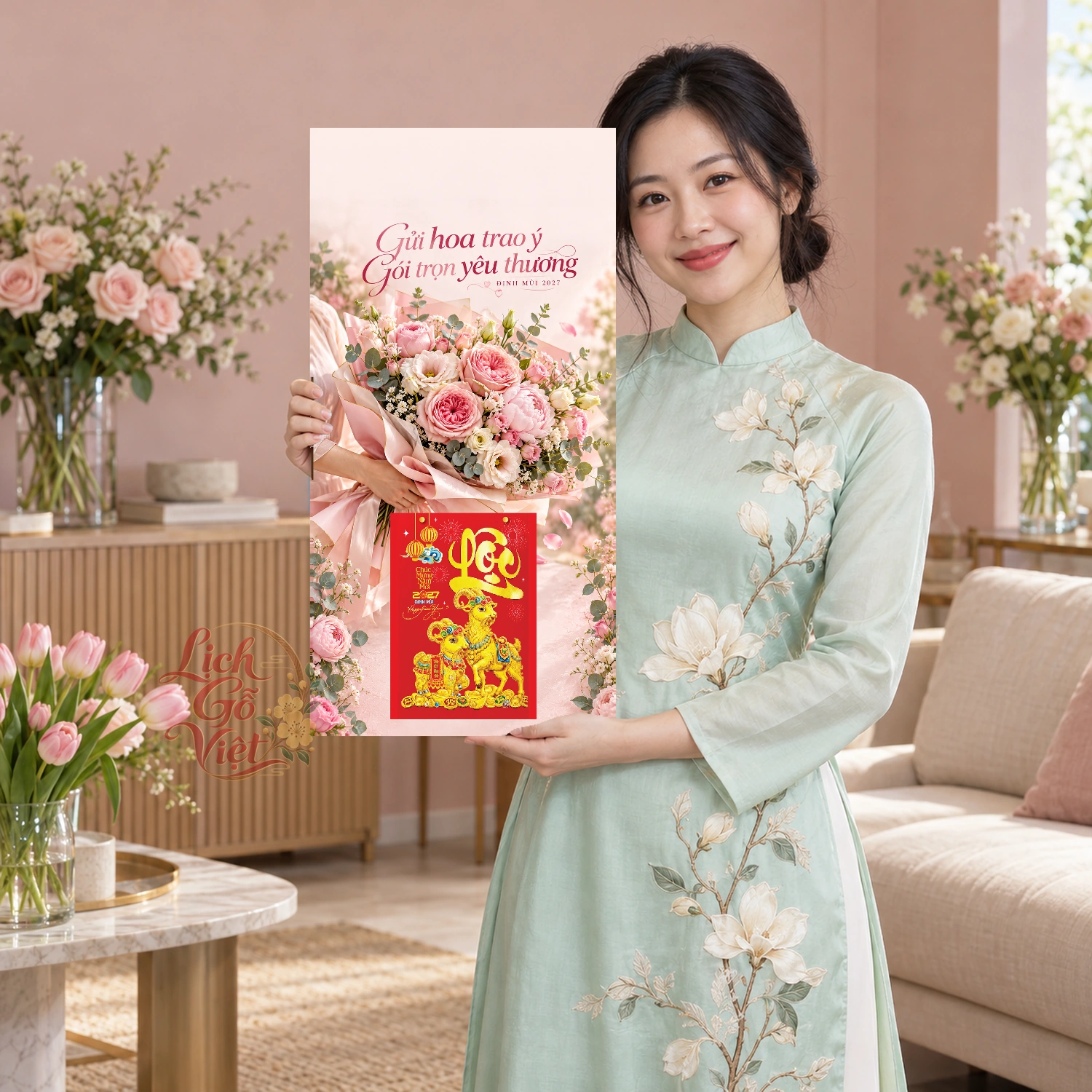 Lịch gỗ Shop hoa tươi - Lịch tết 2027 30x60cm - LGV27T3-QC-49 – ảnh 3