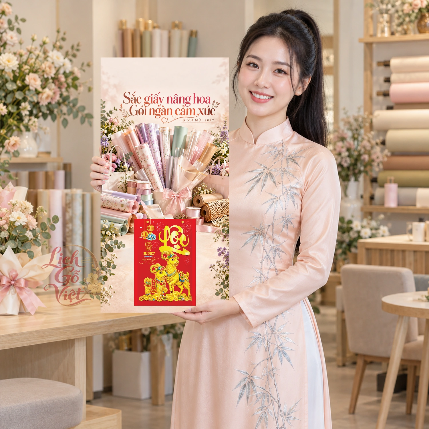 Lịch gỗ Shop phụ liệu hoa - Lịch tết 2027 30x60cm - LGV27T3-QC-52 – ảnh 3
