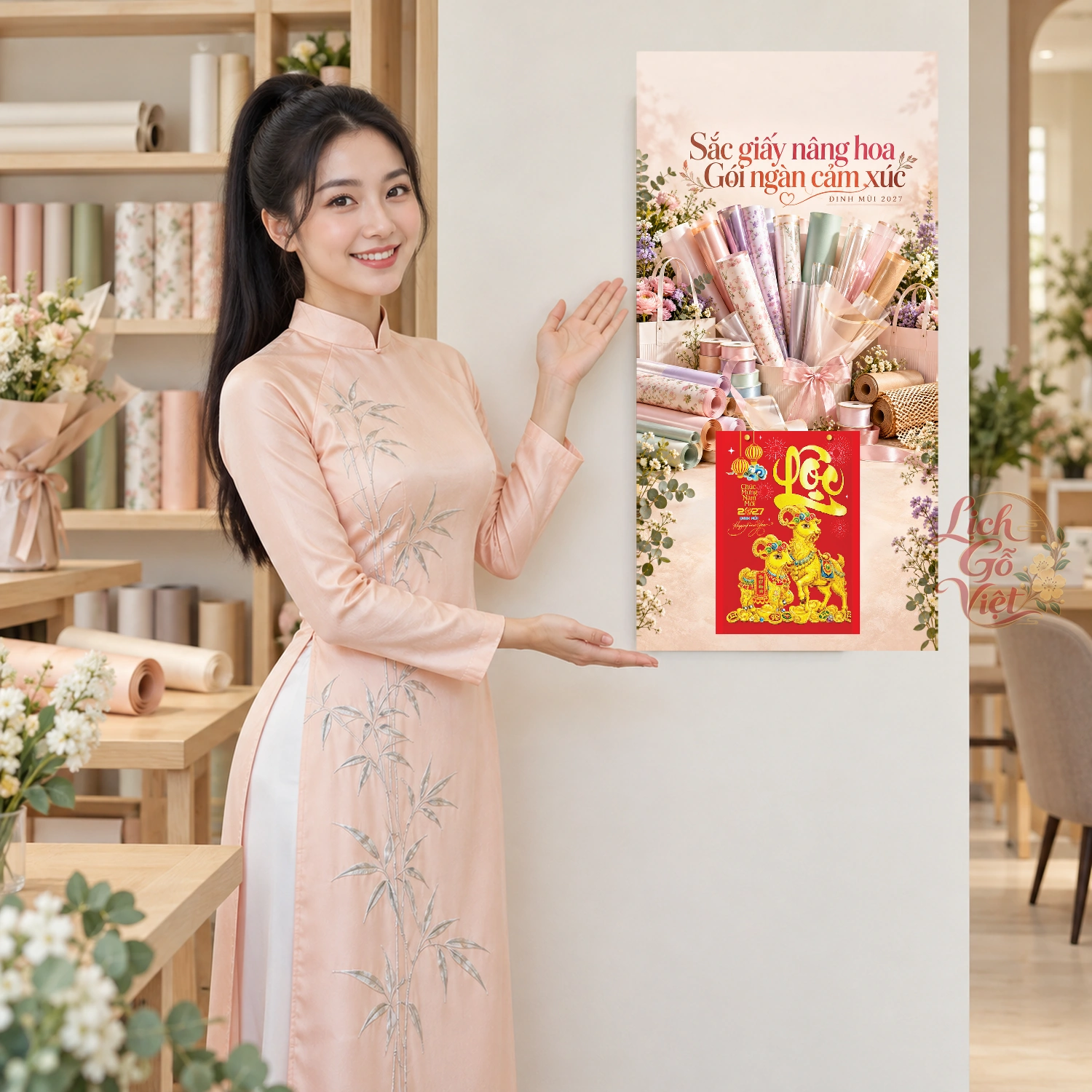 Lịch gỗ Shop phụ liệu hoa - Lịch tết 2027 30x60cm - LGV27T3-QC-52 – ảnh 4