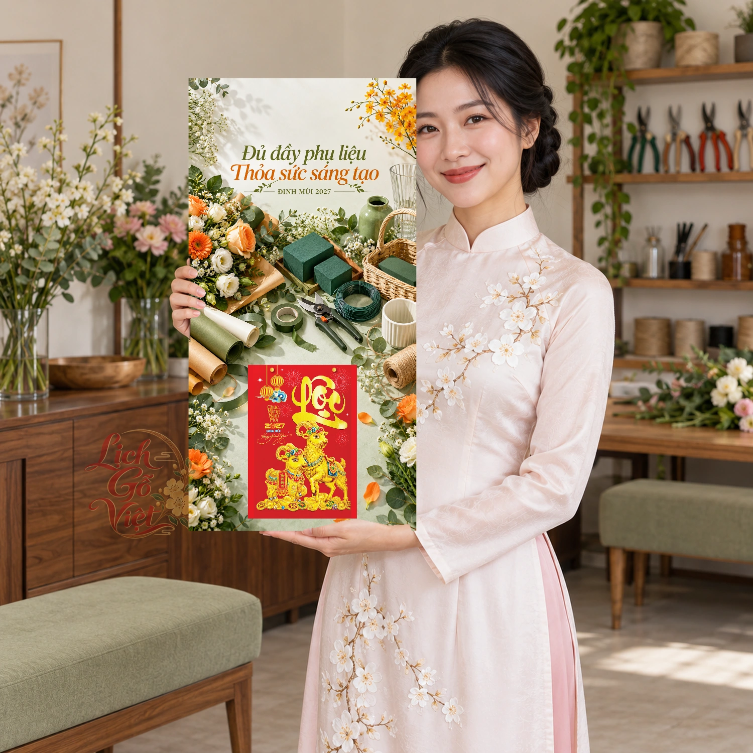 Lịch gỗ Shop phụ liệu hoa - Lịch tết 2027 30x60cm - LGV27T3-QC-54 – ảnh 3