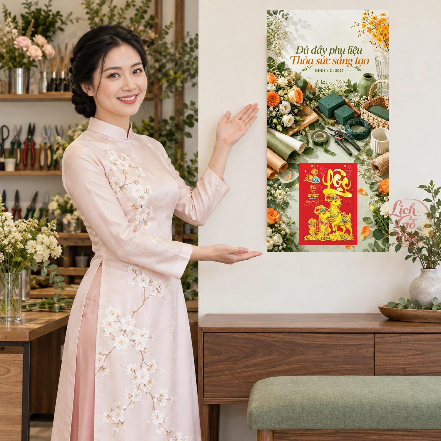 Lịch gỗ Shop phụ liệu hoa - Lịch tết 2027 30x60cm - LGV27T3-QC-54 – ảnh 4