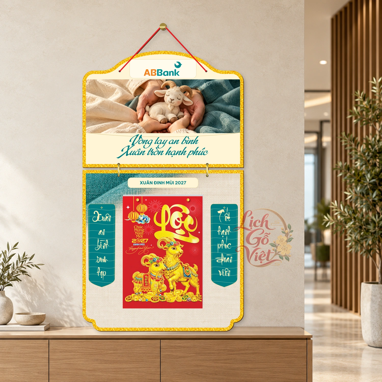 Lịch gỗ 2 thân ABBank 2027 – Vòng tay an bình — ảnh 3