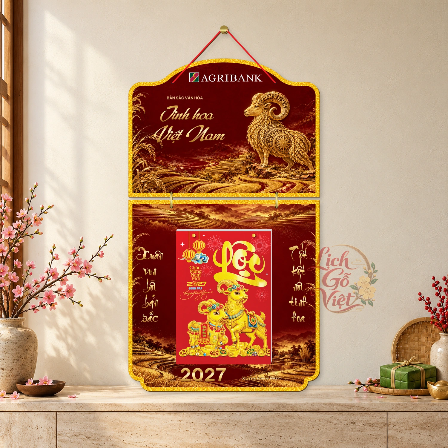 Lịch gỗ 2 thân Agribank 2027 – Tinh hoa Việt Nam — Sơn mài lúa vàng