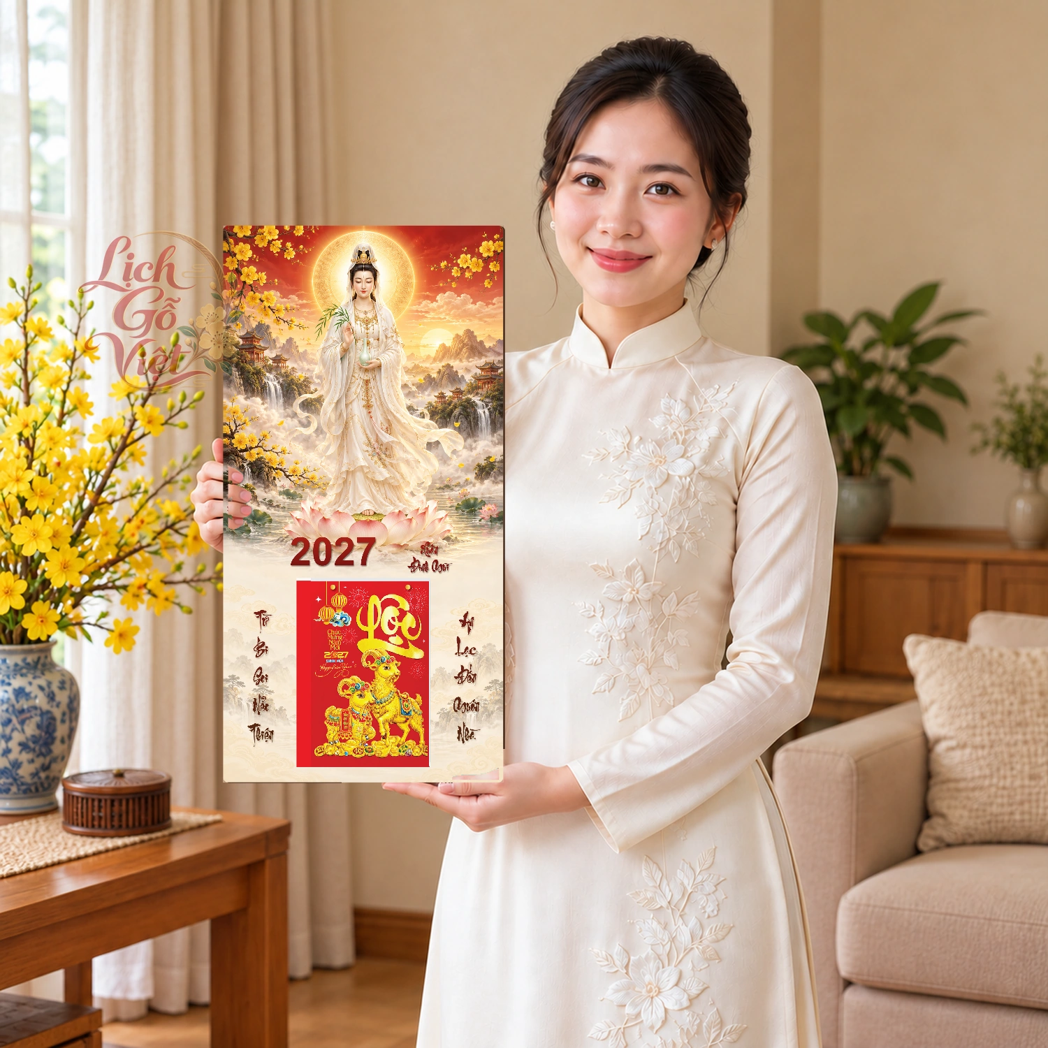 Lịch gỗ Quan Âm Xuân Đinh Mùi2027 - Đồ họa 30x60cm - PG27-01 – ảnh 3