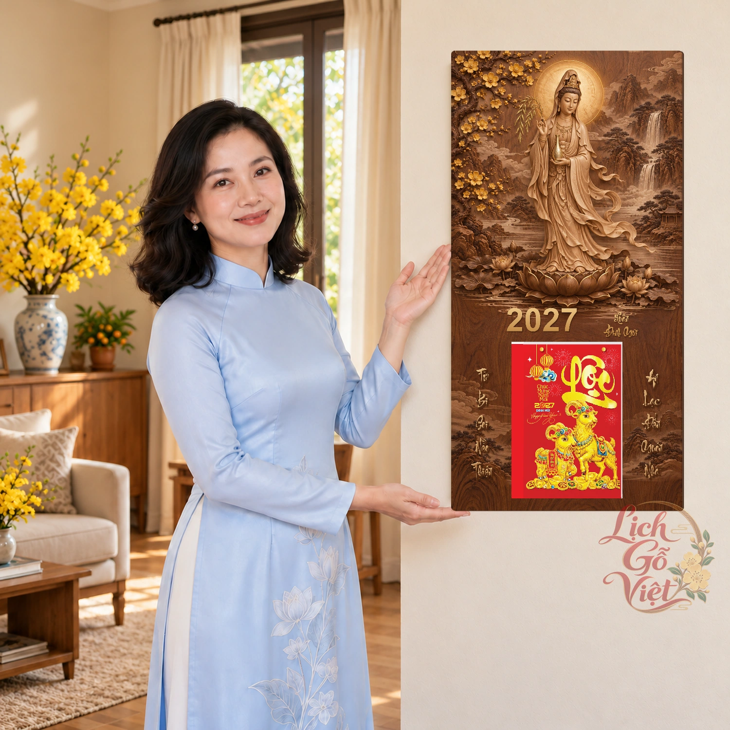 Lịch gỗ Quan Âm Xuân Đinh Mùi2027 - Walnut 3D 30x60cm - PG27-02 – ảnh 4