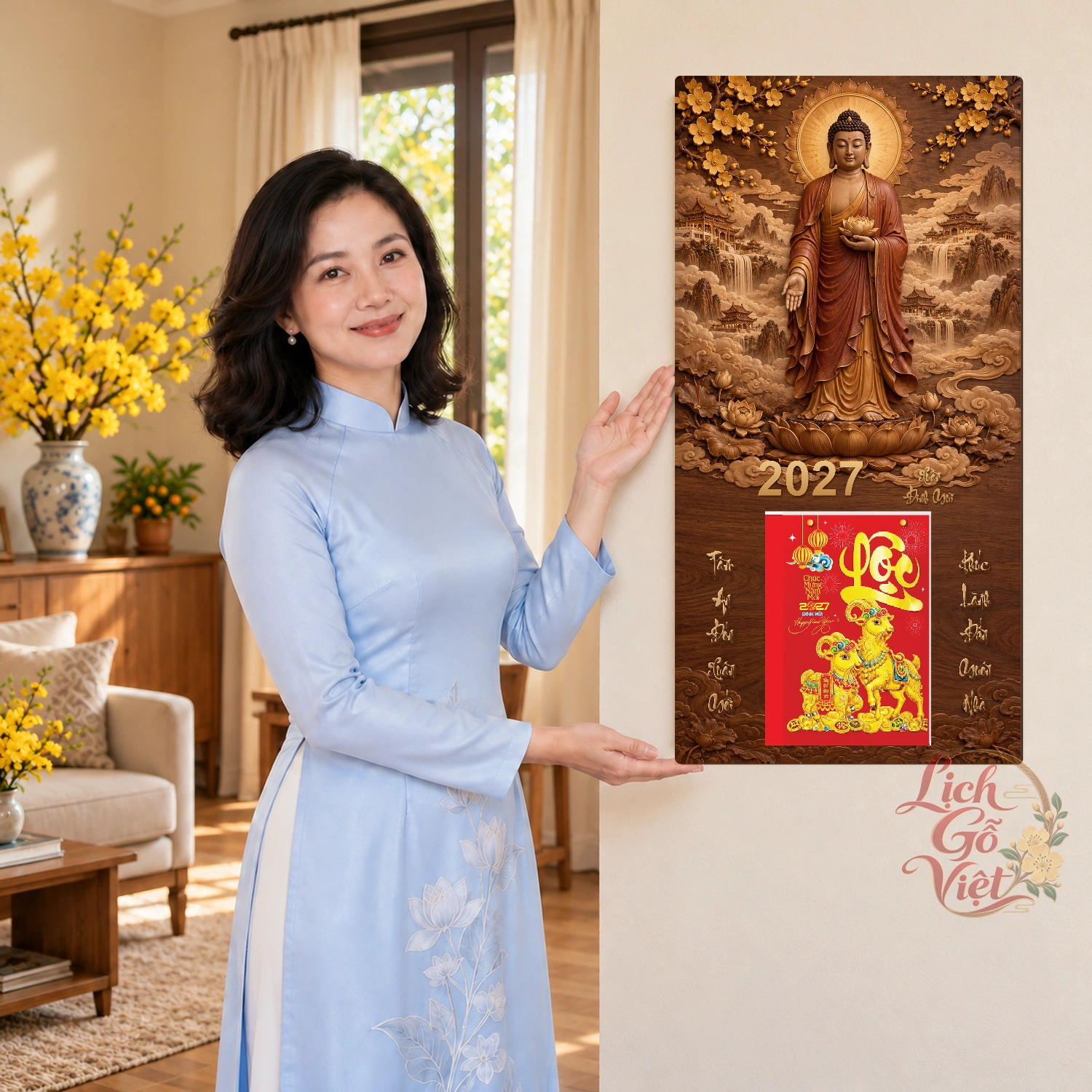 Lịch gỗ Phật A Di Đà Xuân Đinh Mùi2027 - Walnut 3D 30x60cm - PG27-04 – ảnh 4