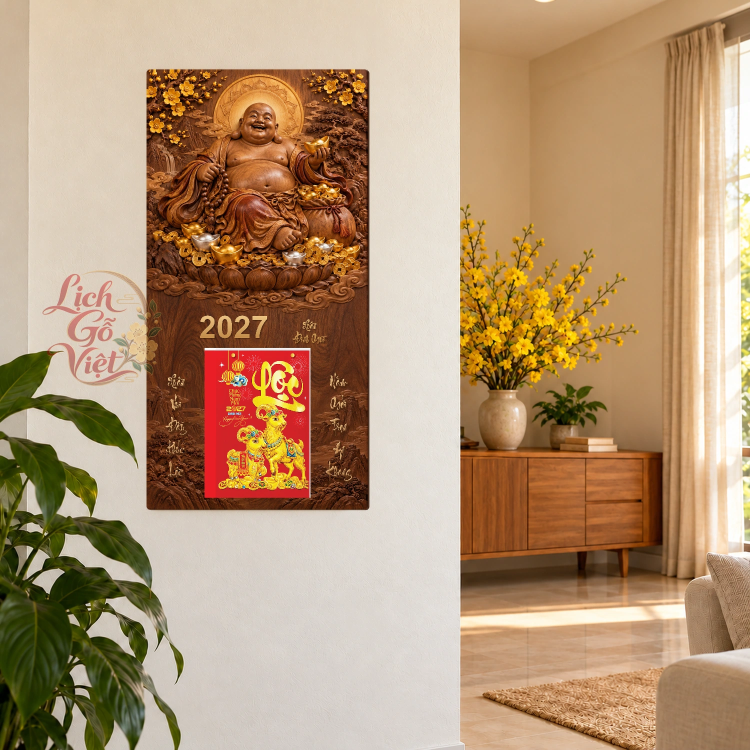 Lịch gỗ Phật Di Lặc Xuân Đinh Mùi2027 - Walnut 3D 30x60cm - PG27-06 – ảnh 2
