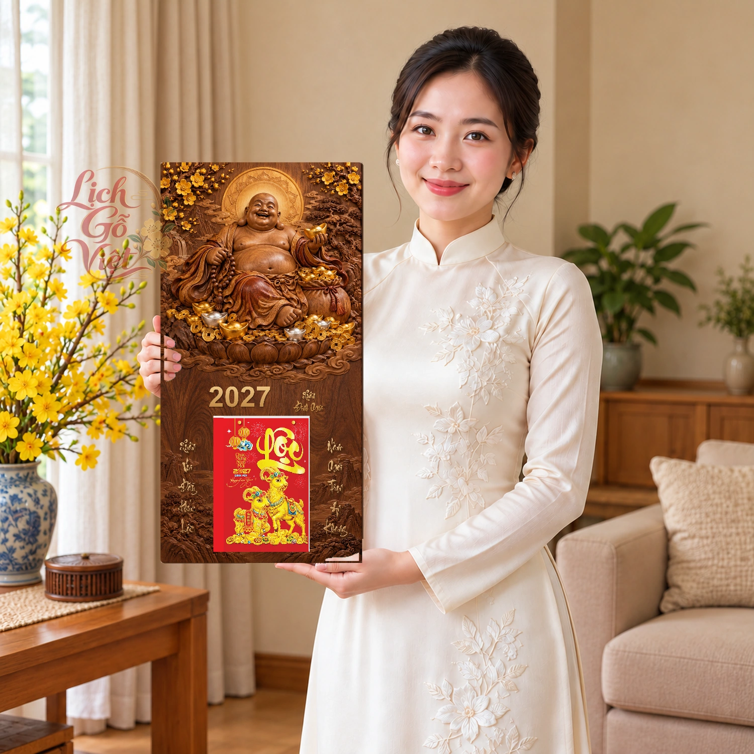 Lịch gỗ Phật Di Lặc Xuân Đinh Mùi2027 - Walnut 3D 30x60cm - PG27-06 – ảnh 3