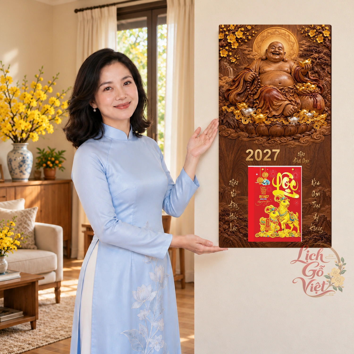 Lịch gỗ Phật Di Lặc Xuân Đinh Mùi2027 - Walnut 3D 30x60cm - PG27-06 – ảnh 4
