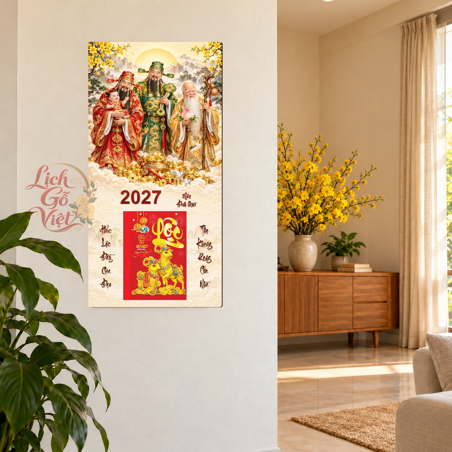 Lịch gỗ Tam Đa Phúc Lộc Thọ Xuân Đinh Mùi2027 - Đồ họa 30x60cm - PG27-07 – ảnh 2