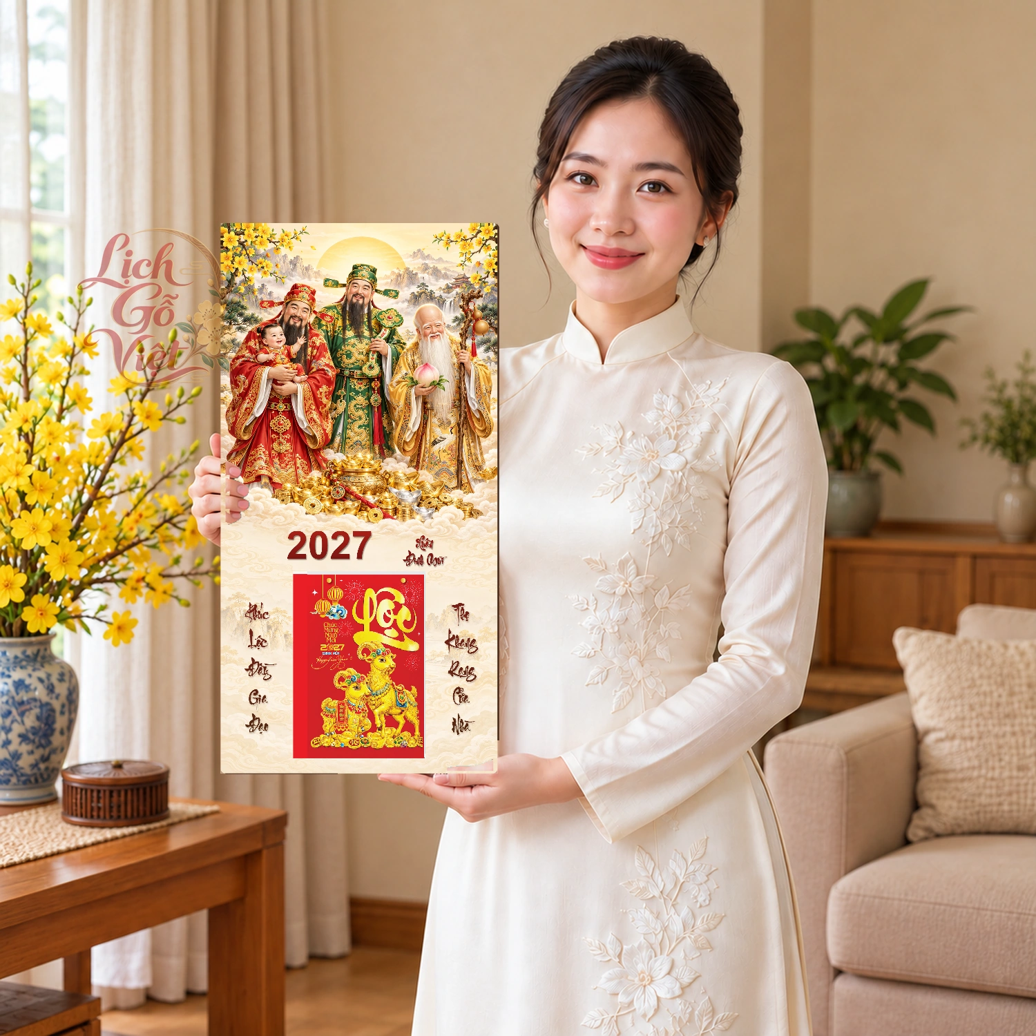 Lịch gỗ Tam Đa Phúc Lộc Thọ Xuân Đinh Mùi2027 - Đồ họa 30x60cm - PG27-07 – ảnh 3