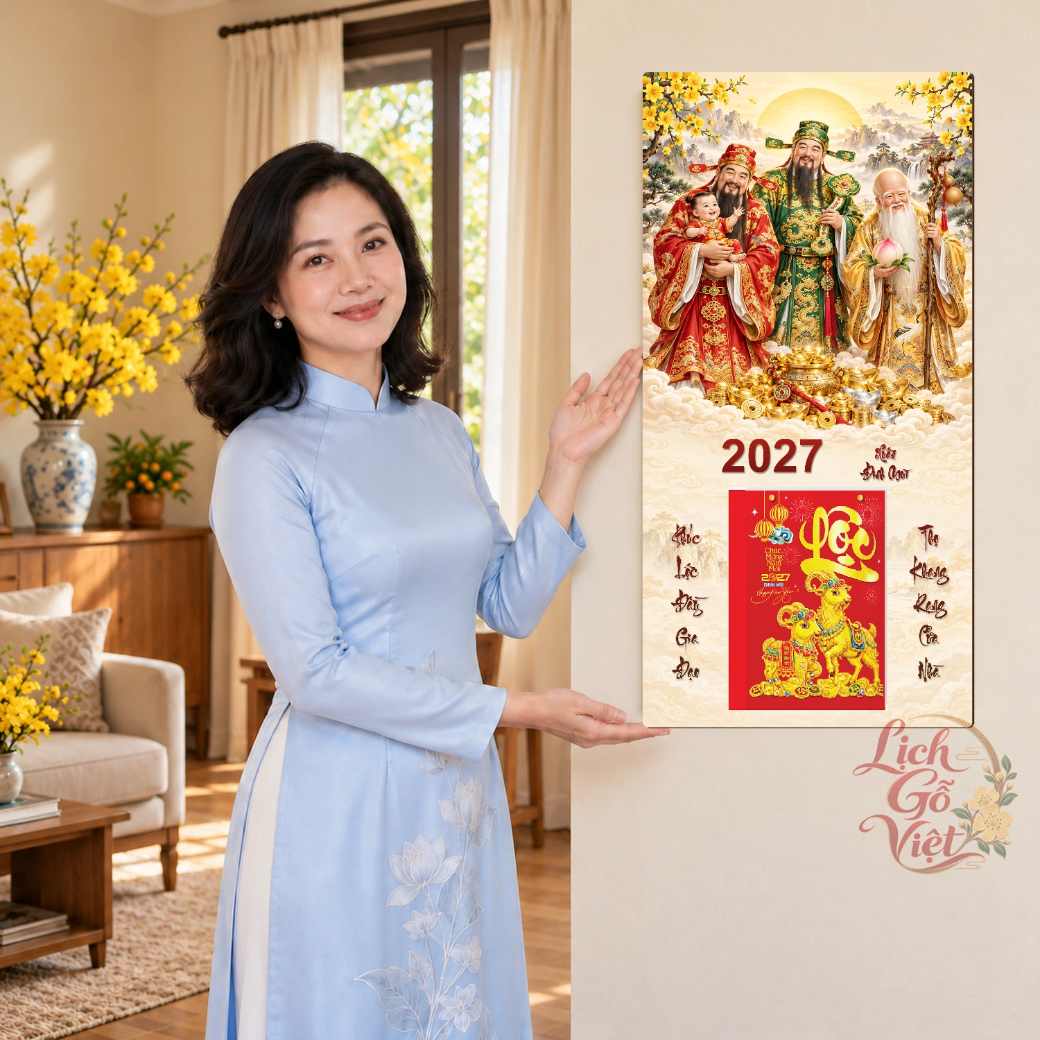 Lịch gỗ Tam Đa Phúc Lộc Thọ Xuân Đinh Mùi2027 - Đồ họa 30x60cm - PG27-07 – ảnh 4