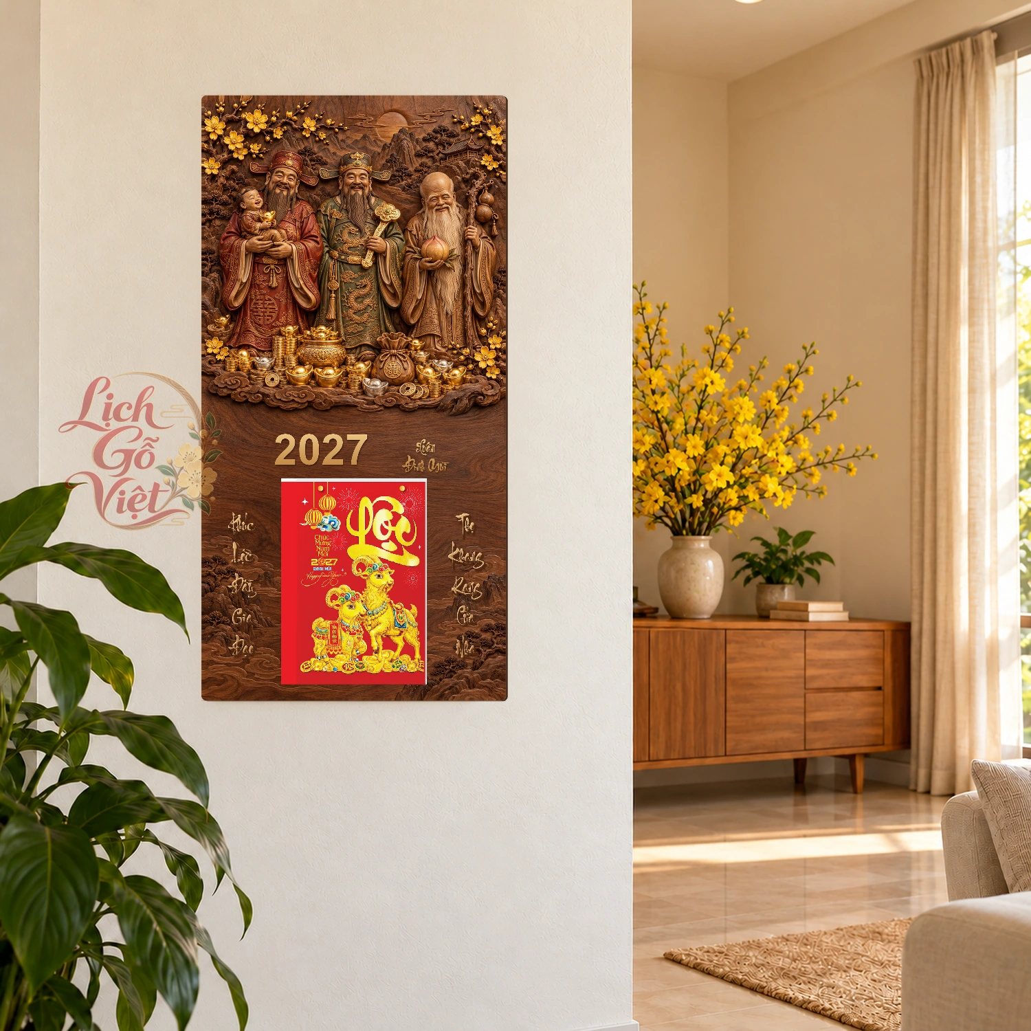 Lịch gỗ Tam Đa Phúc Lộc Thọ Xuân Đinh Mùi2027 - Walnut 3D 30x60cm - PG27-08 – ảnh 2