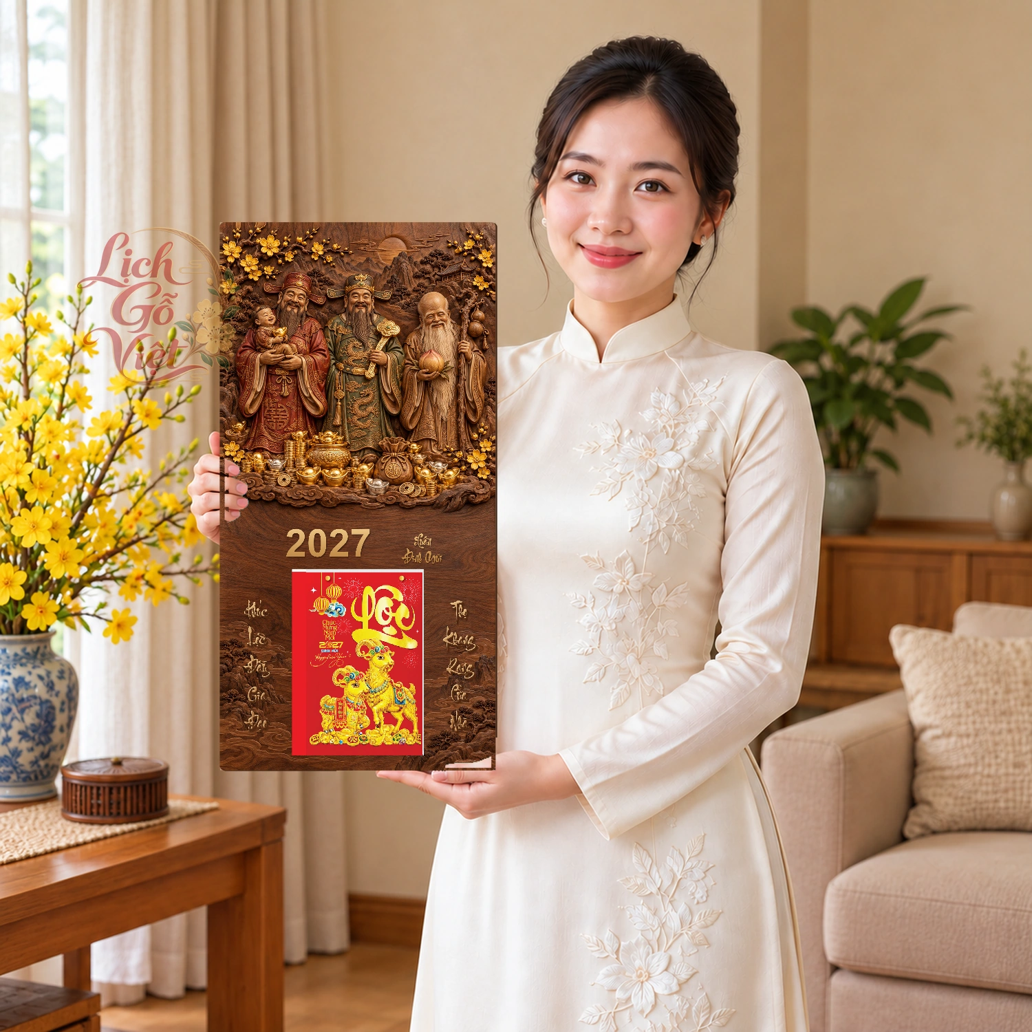 Lịch gỗ Tam Đa Phúc Lộc Thọ Xuân Đinh Mùi2027 - Walnut 3D 30x60cm - PG27-08 – ảnh 3