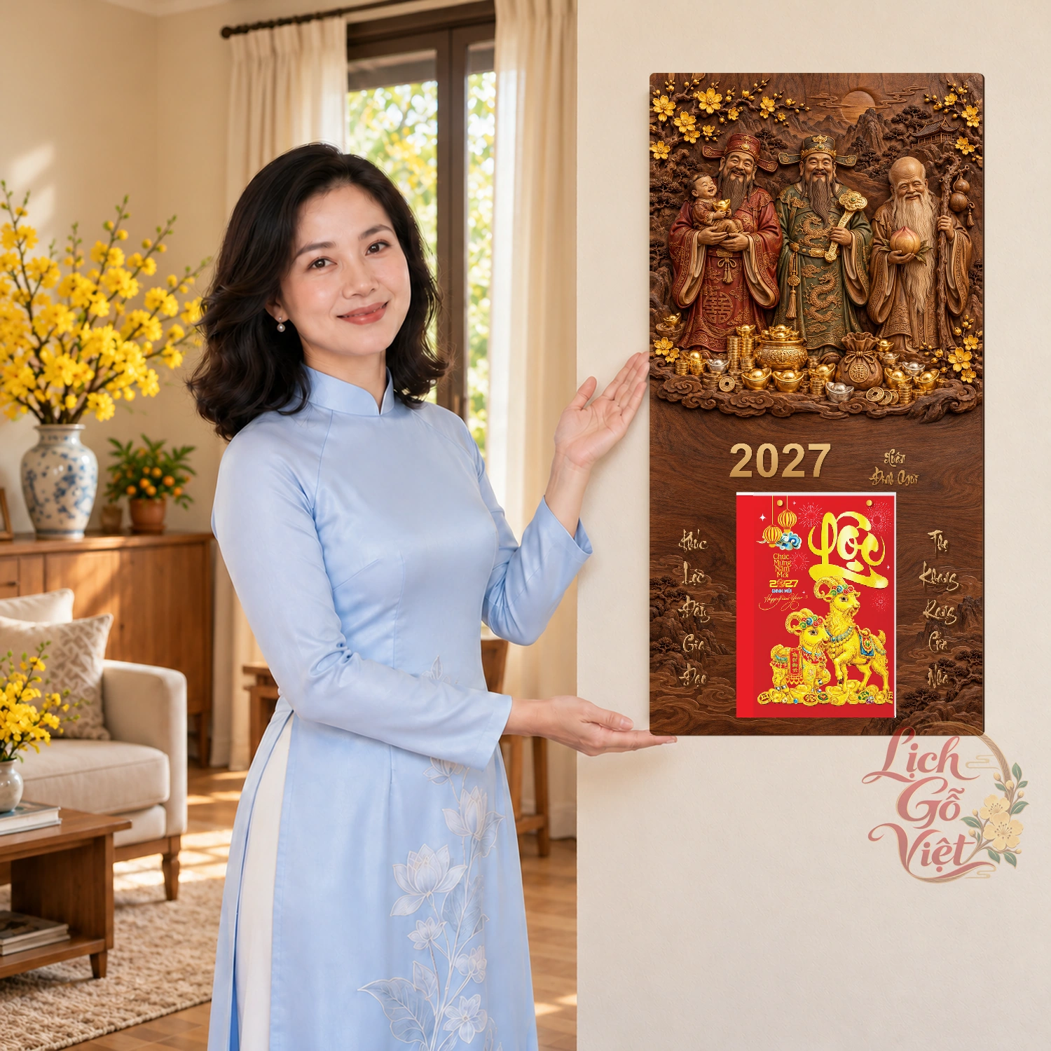 Lịch gỗ Tam Đa Phúc Lộc Thọ Xuân Đinh Mùi2027 - Walnut 3D 30x60cm - PG27-08 – ảnh 4