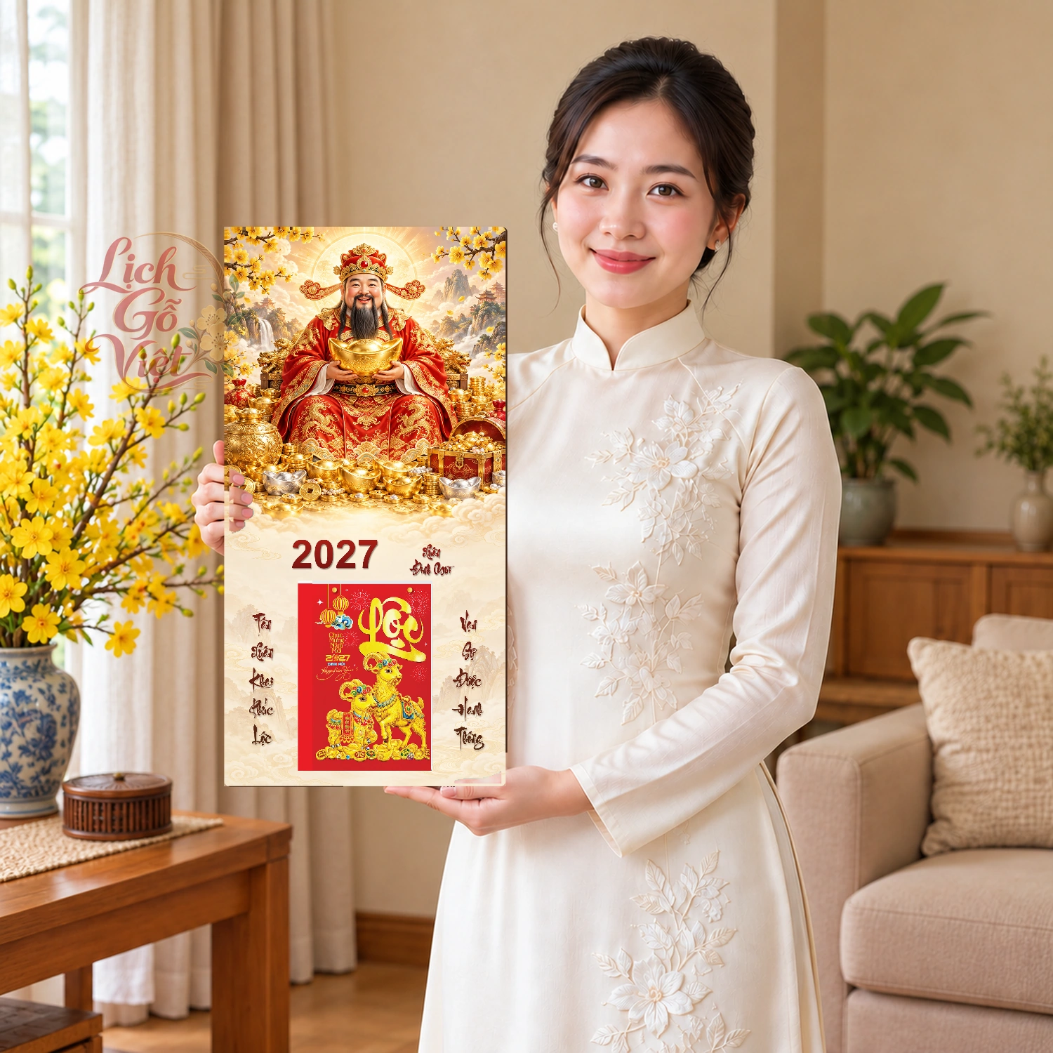 Lịch gỗ Thần Tài Xuân Đinh Mùi2027 - Đồ họa 30x60cm - PG27-09 – ảnh 3