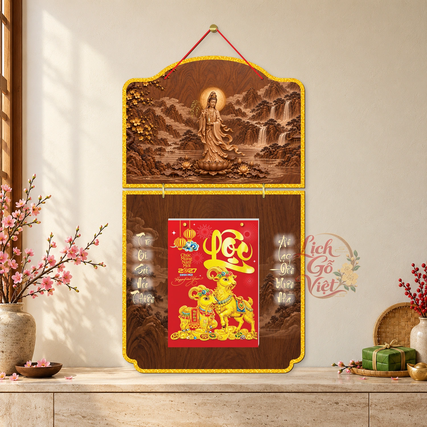 Lịch gỗ Phật giáo 2 thân Quan Âm – Walnut 3D – PG27T2-02