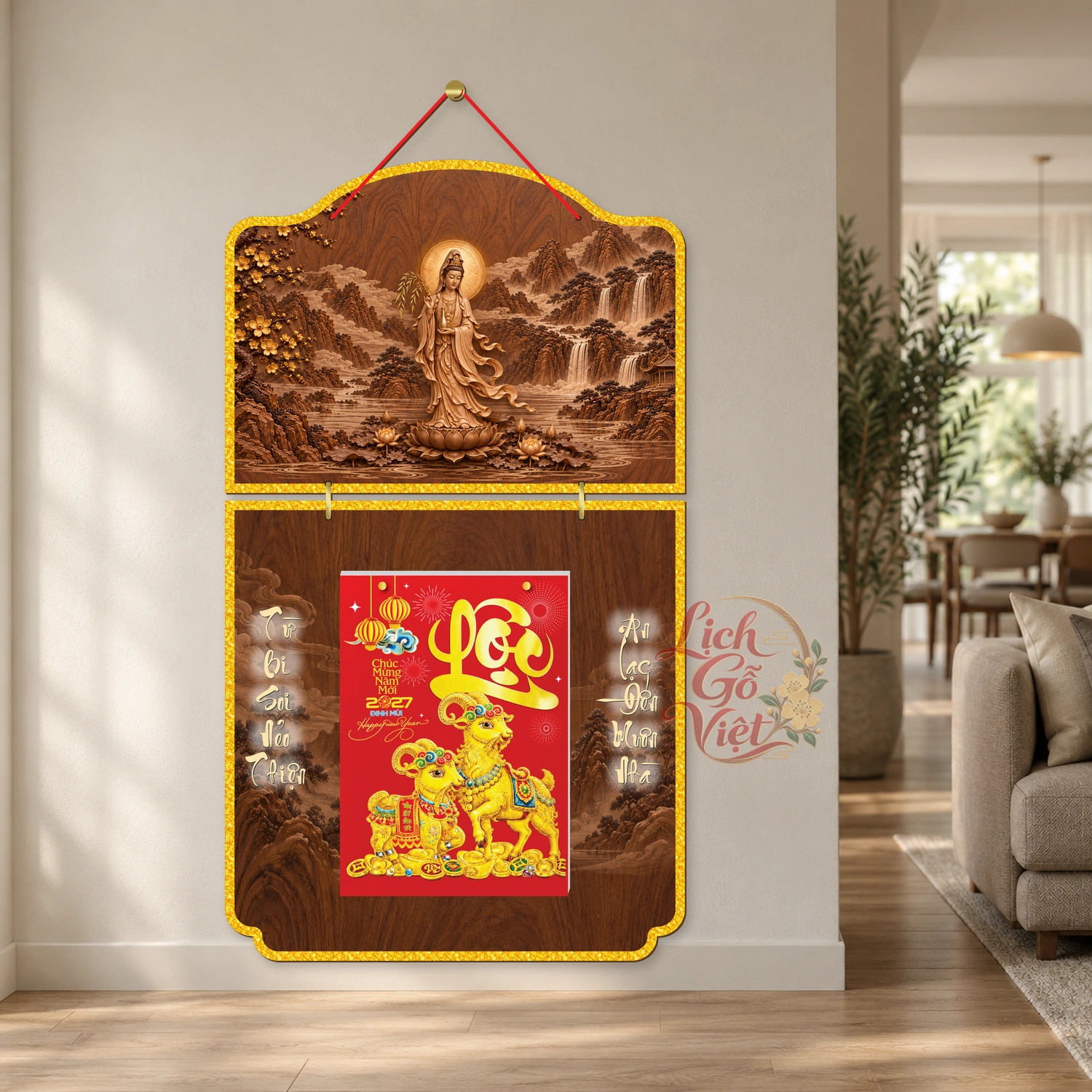Lịch gỗ Phật giáo 2 thân Quan Âm – Walnut 3D – PG27T2-02 — ảnh 2