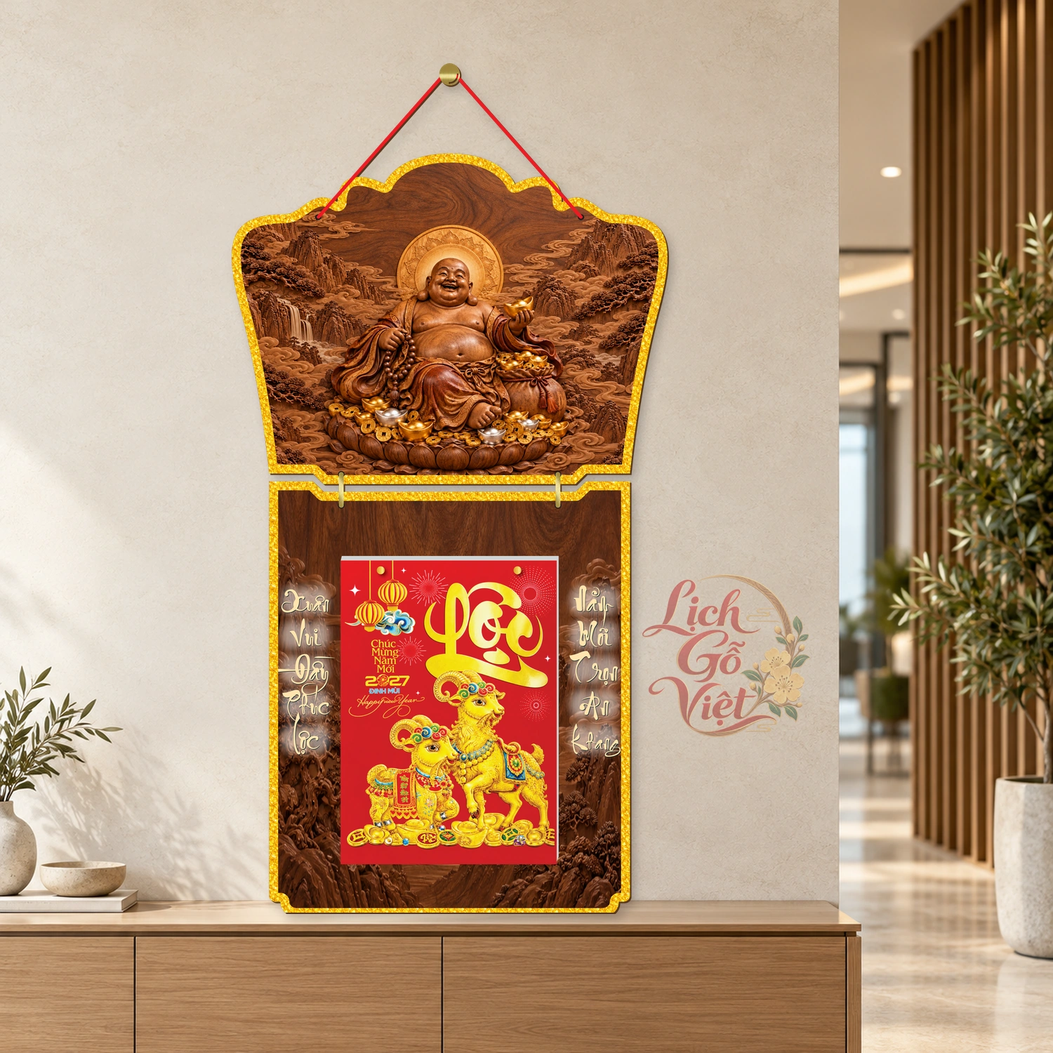 Lịch gỗ Phật giáo 2 thân Phật Di Lặc – Walnut 3D – PG27T2-06 — ảnh 3