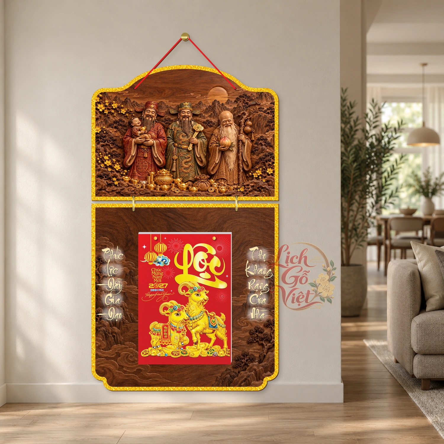 Lịch gỗ Phật giáo 2 thân Tam Đa Phúc Lộc Thọ – Walnut 3D – PG27T2-08 — ảnh 2