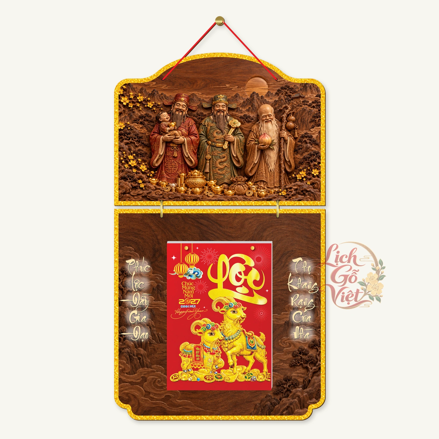 Lịch gỗ Phật giáo 2 thân Tam Đa Phúc Lộc Thọ – Walnut 3D – PG27T2-08 — ảnh 4