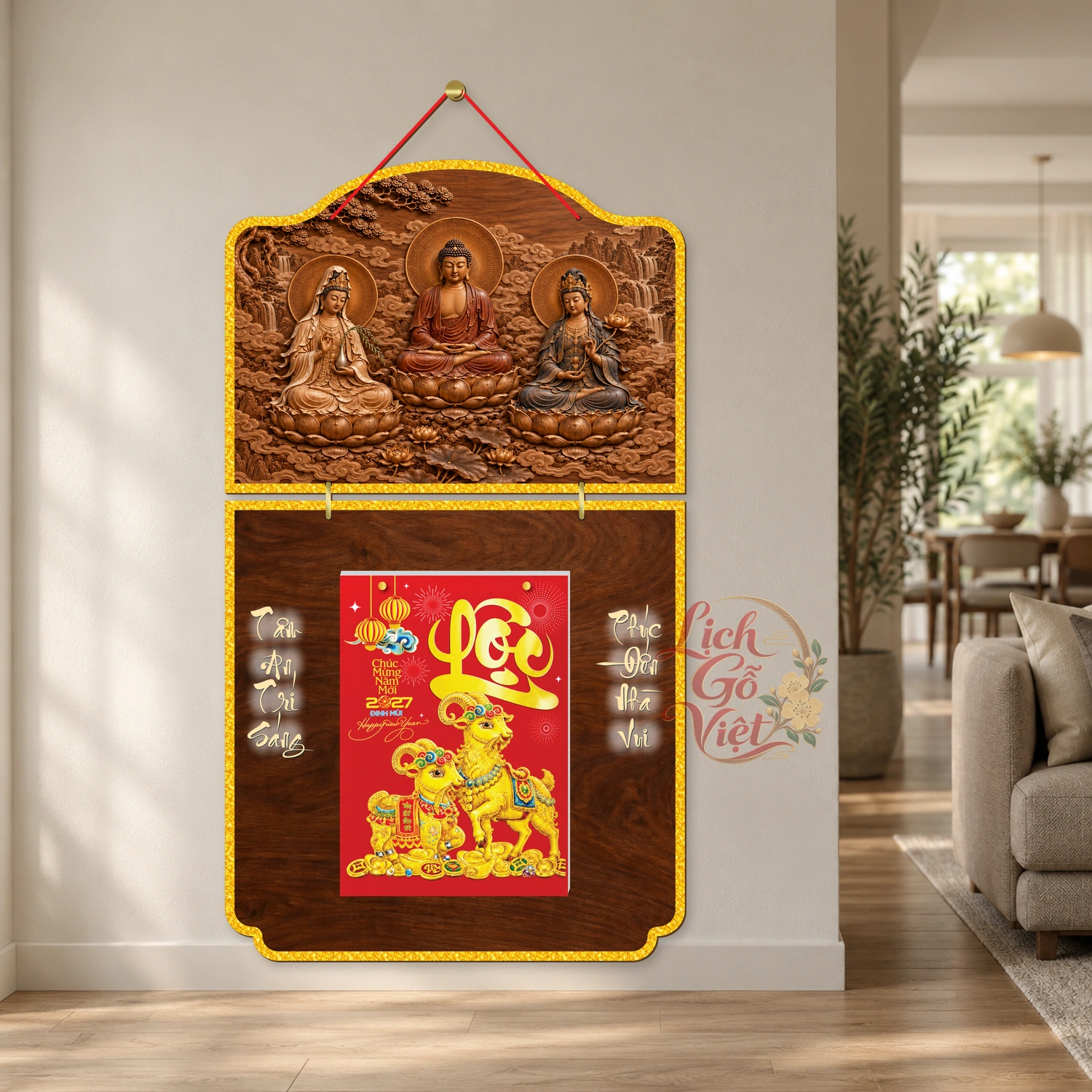 Lịch gỗ Phật giáo 2 thân Tây Phương Tam Thánh – Walnut 3D – PG27T2-12 — ảnh 2
