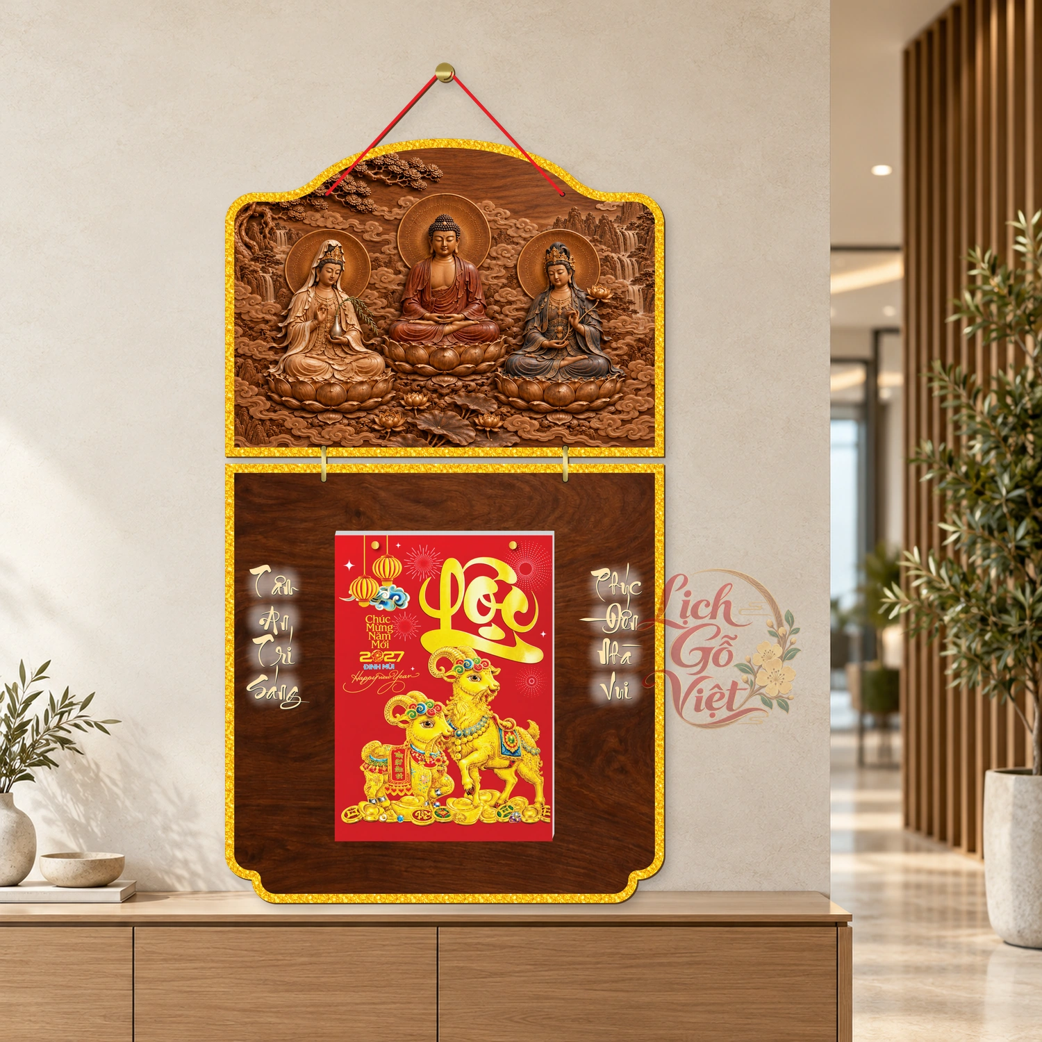 Lịch gỗ Phật giáo 2 thân Tây Phương Tam Thánh – Walnut 3D – PG27T2-12 — ảnh 3