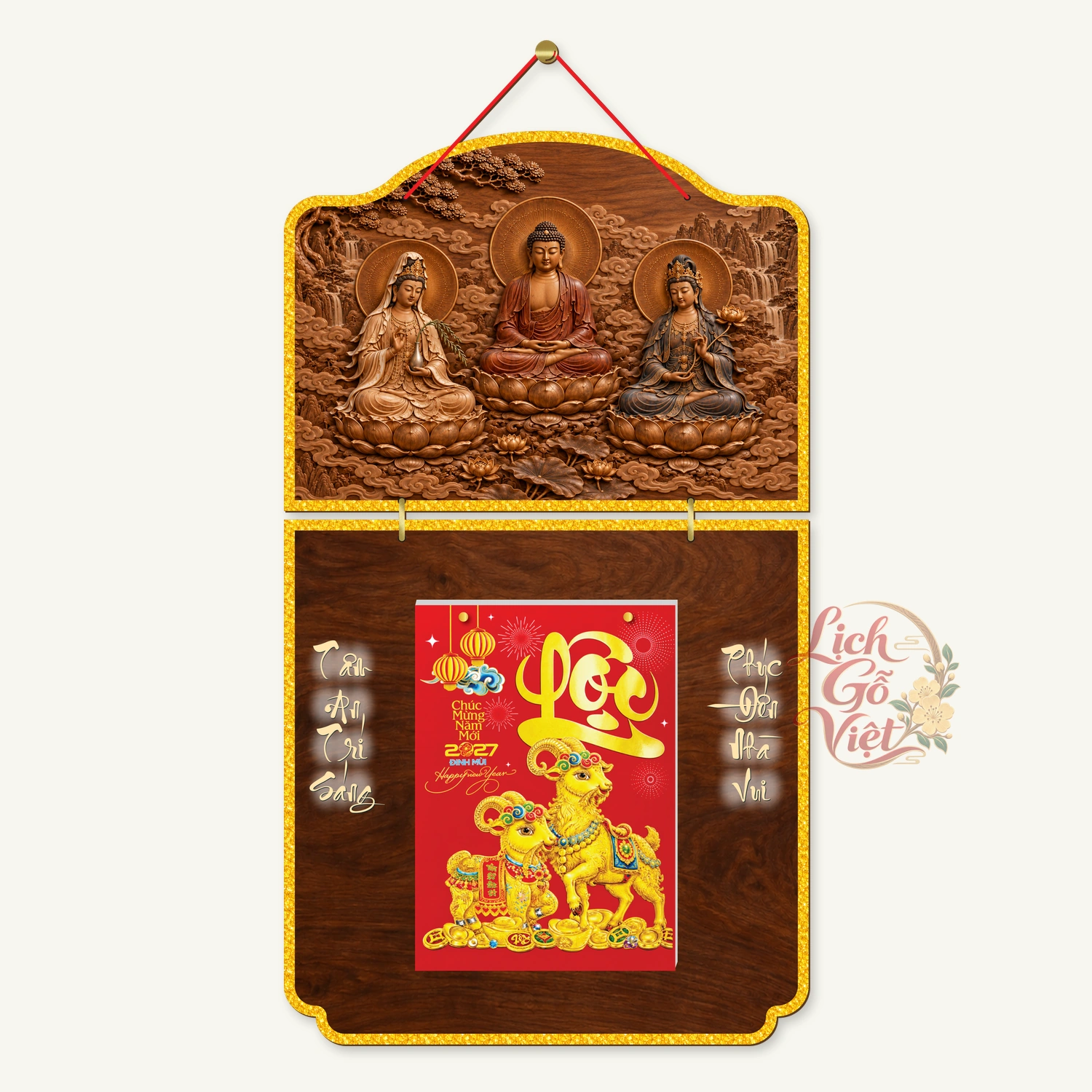 Lịch gỗ Phật giáo 2 thân Tây Phương Tam Thánh – Walnut 3D – PG27T2-12 — ảnh 4