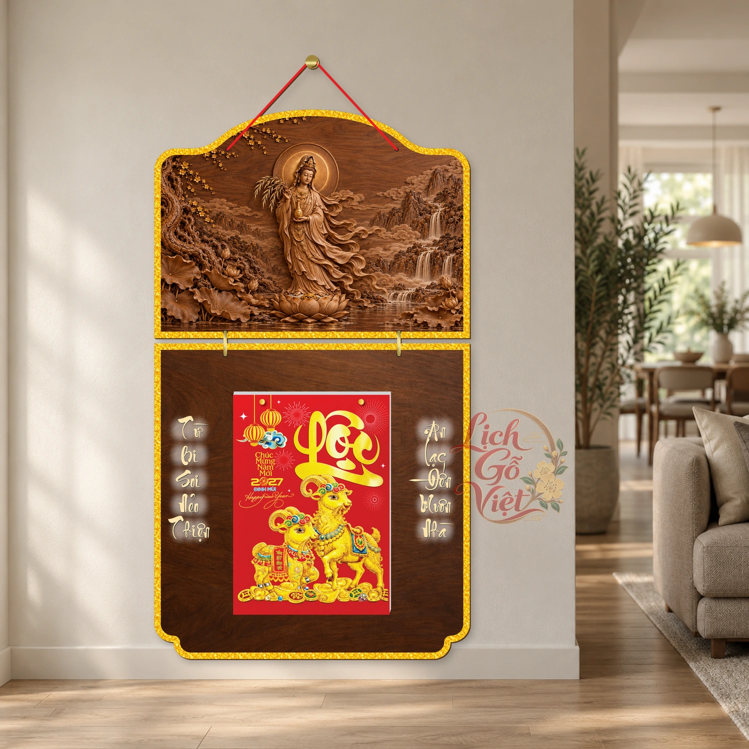 Lịch gỗ Phật giáo 2 thân Quan Âm Bạch Y Trên Sen – Walnut 3D – PG27T2-16 — ảnh 2