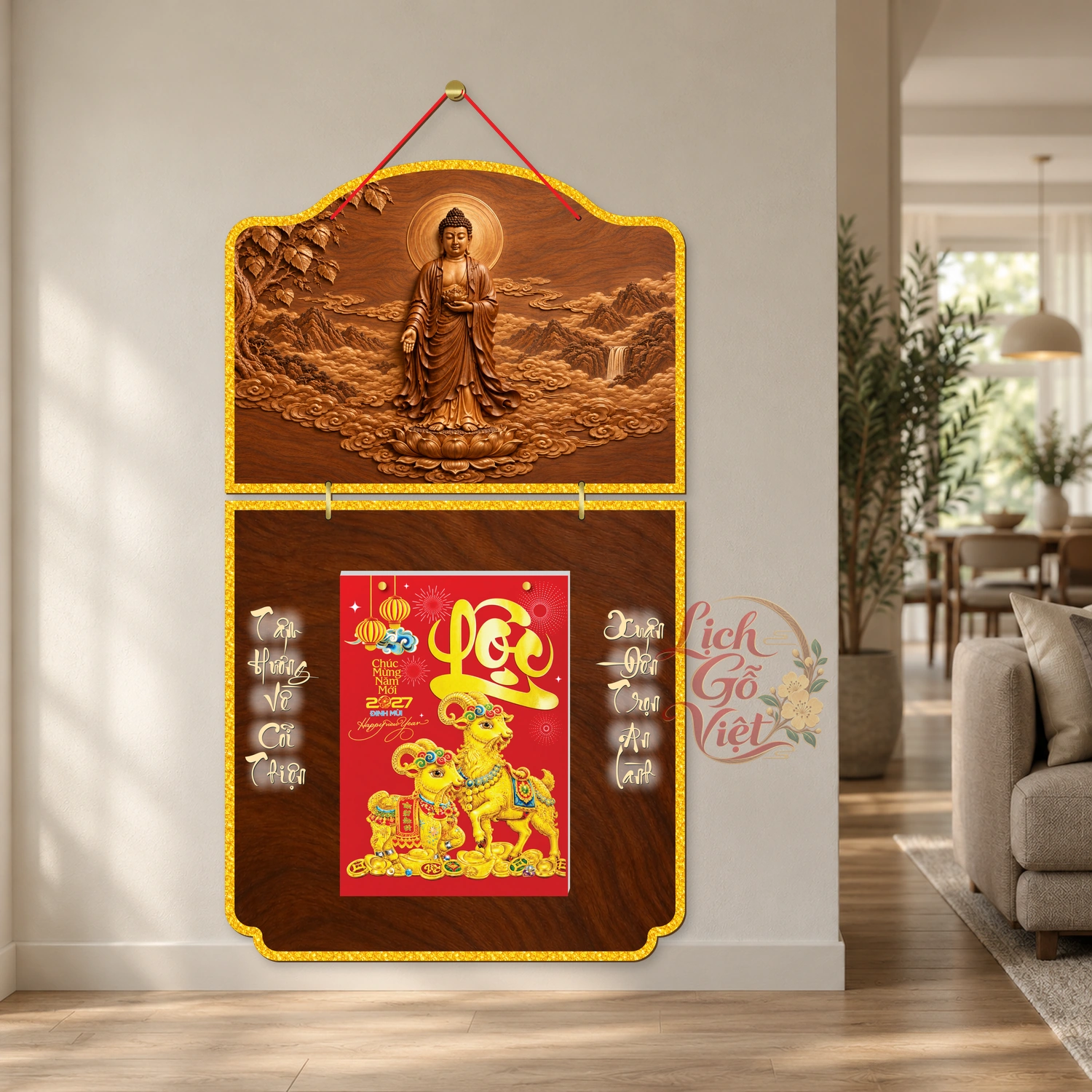Lịch gỗ Phật giáo 2 thân A Di Đà Tiếp Dẫn – Walnut 3D – PG27T2-18 — ảnh 2