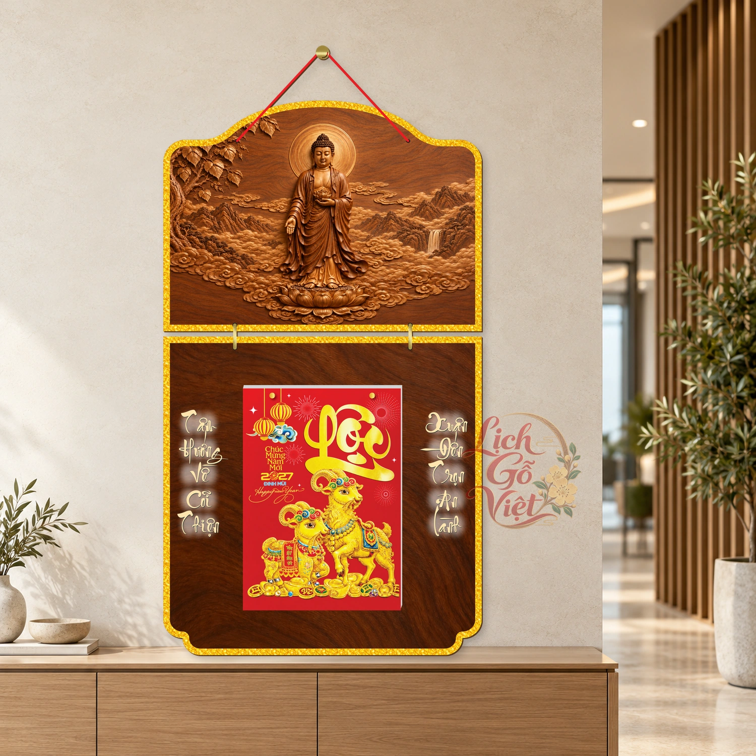 Lịch gỗ Phật giáo 2 thân A Di Đà Tiếp Dẫn – Walnut 3D – PG27T2-18 — ảnh 3