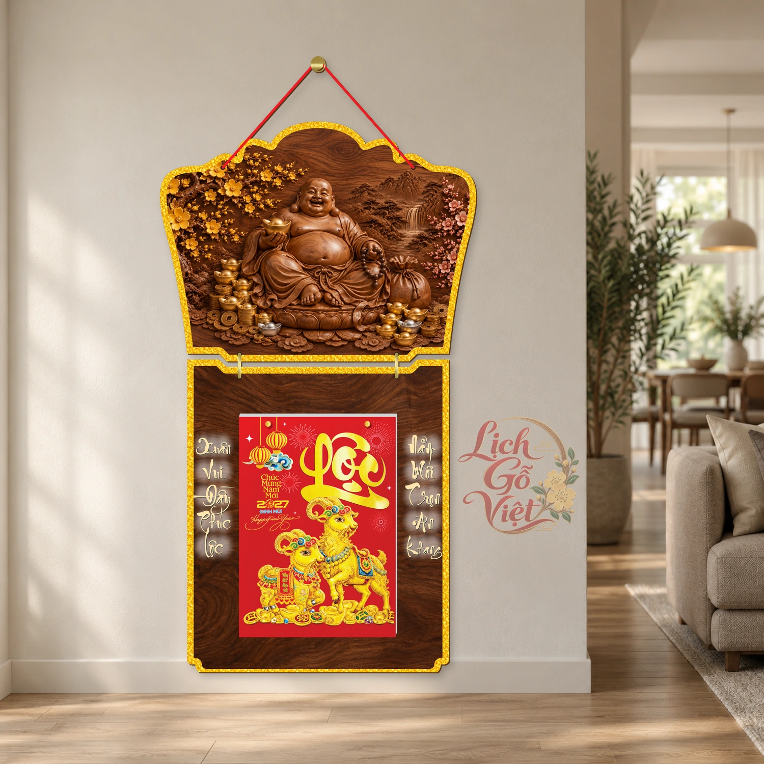 Lịch gỗ Phật giáo 2 thân Di Lặc Hoan Hỷ Đón Xuân – Walnut 3D – PG27T2-20 — ảnh 2