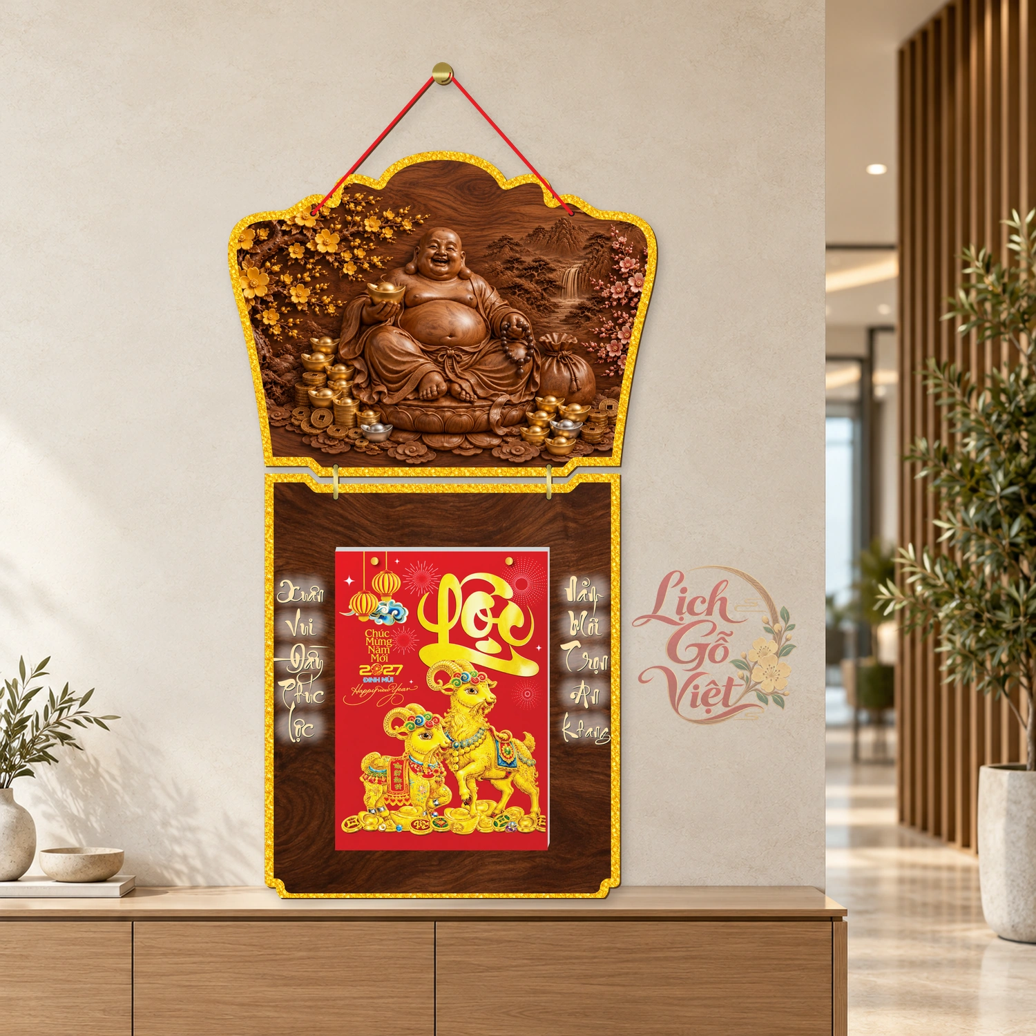 Lịch gỗ Phật giáo 2 thân Di Lặc Hoan Hỷ Đón Xuân – Walnut 3D – PG27T2-20 — ảnh 3