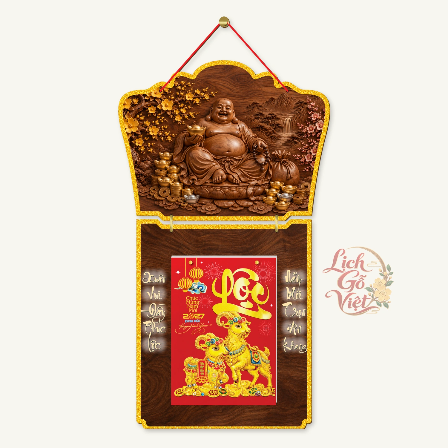 Lịch gỗ Phật giáo 2 thân Di Lặc Hoan Hỷ Đón Xuân – Walnut 3D – PG27T2-20 — ảnh 4