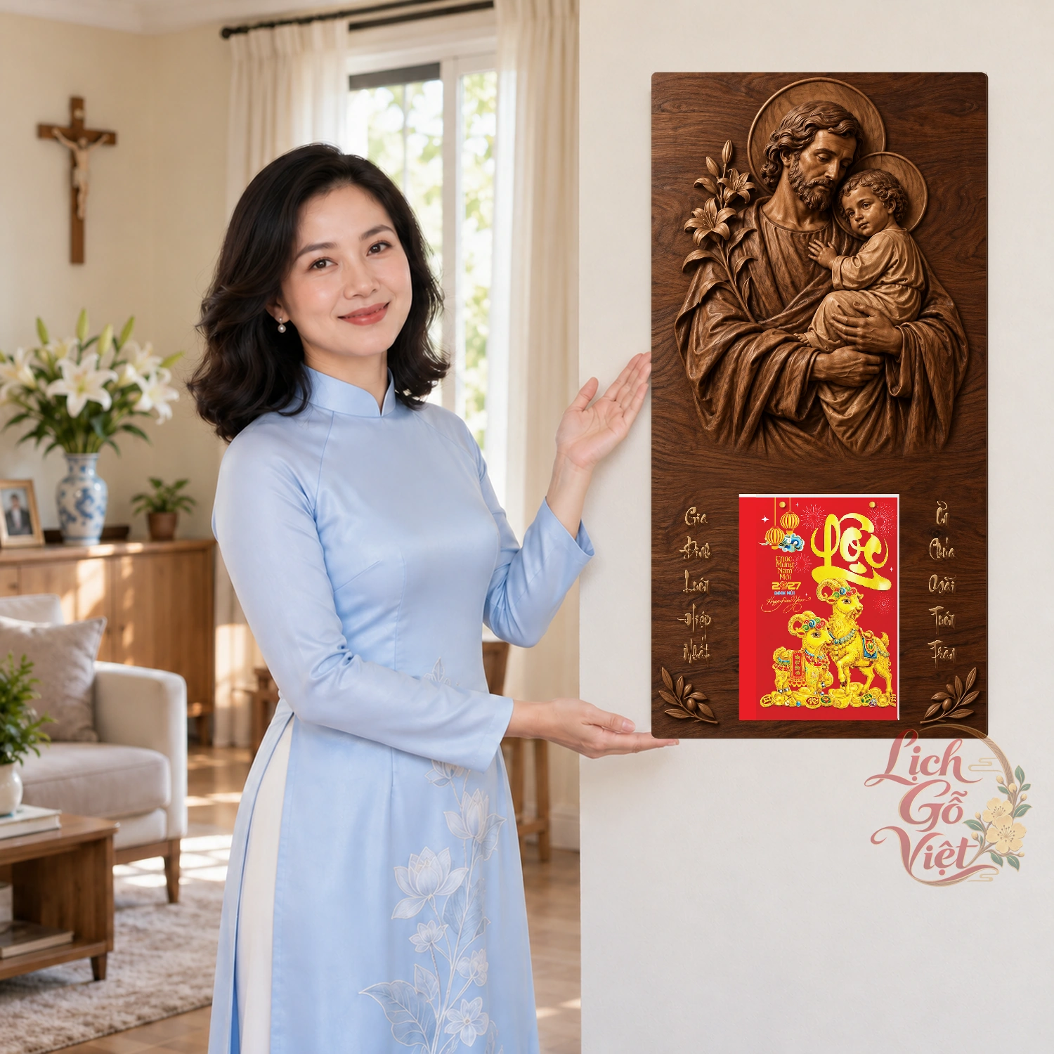 Lịch gỗ Công giáo Thánh Giuse - Walnut3D 30x60cm - CG27-03 – ảnh 4