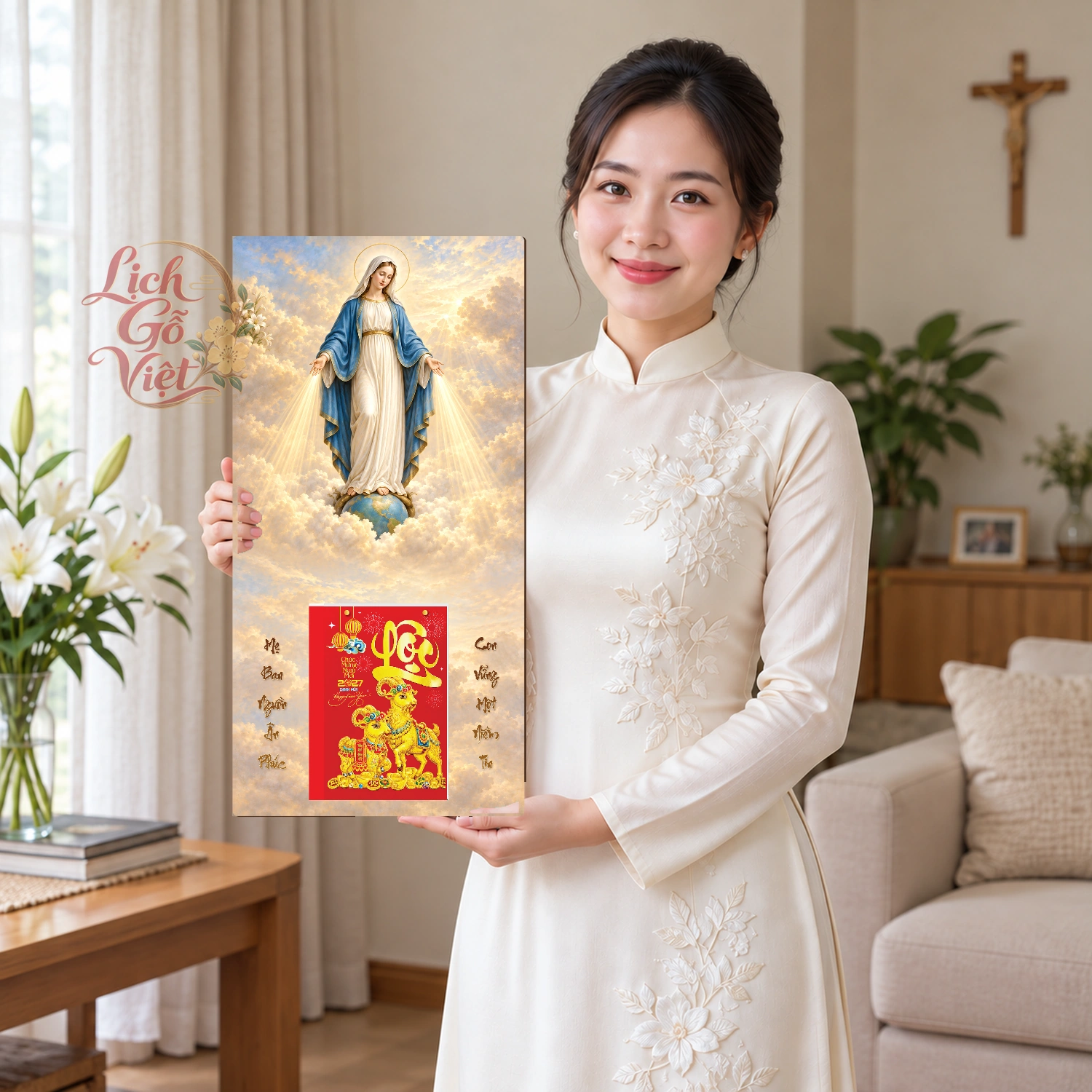 Lịch gỗ Công giáo Đức Mẹ ban ơn - Truyền thống 30x60cm - CG27-05 – ảnh 3