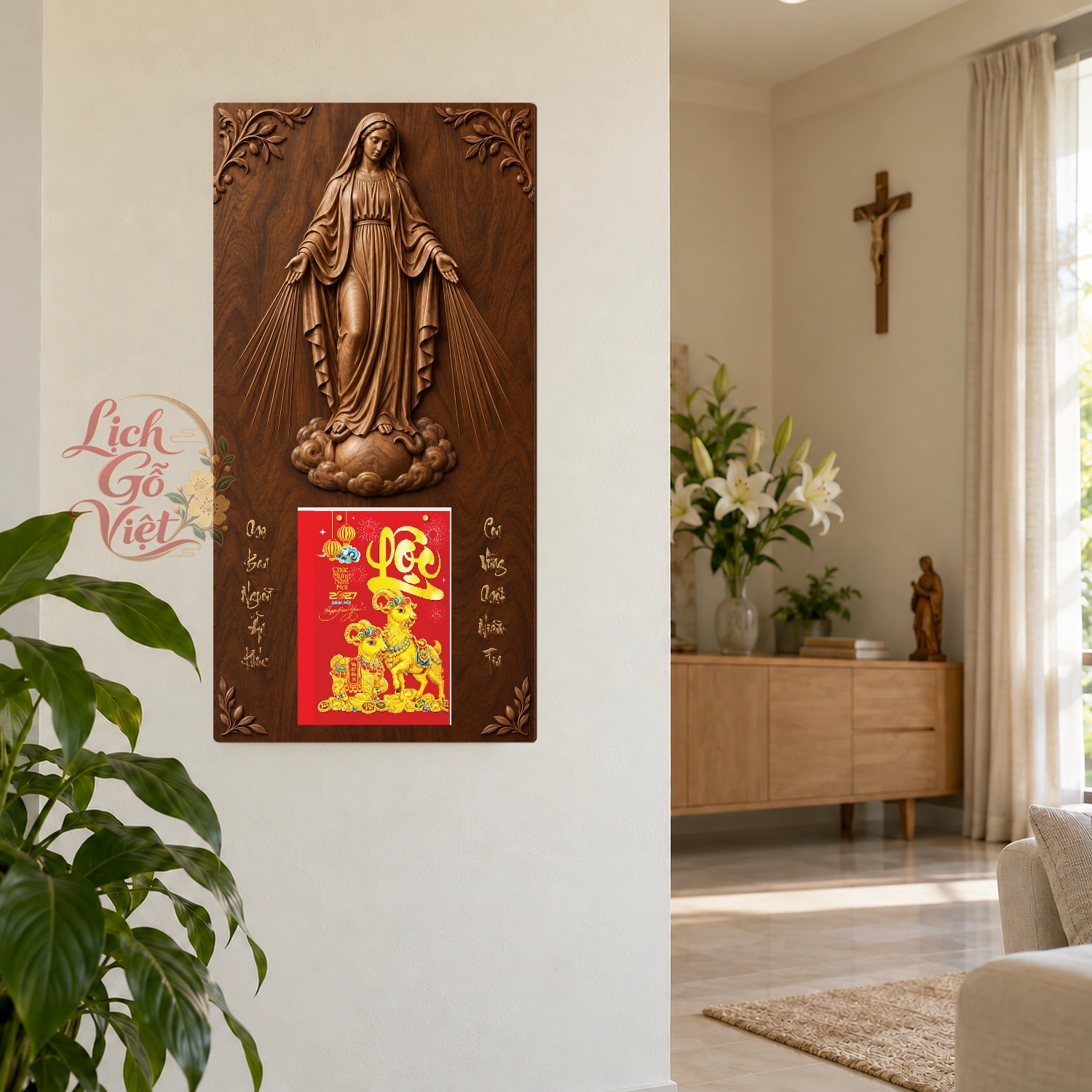Lịch gỗ Công giáo Đức Mẹ ban ơn - Walnut3D 30x60cm - CG27-06 – ảnh 2