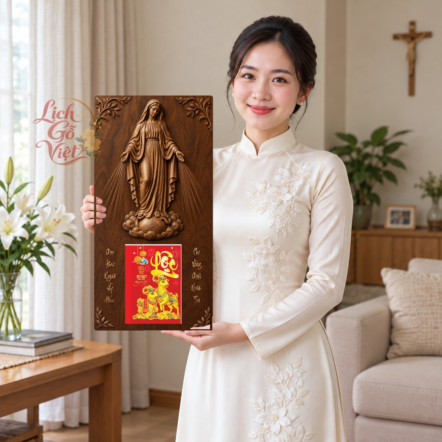 Lịch gỗ Công giáo Đức Mẹ ban ơn - Walnut3D 30x60cm - CG27-06 – ảnh 3