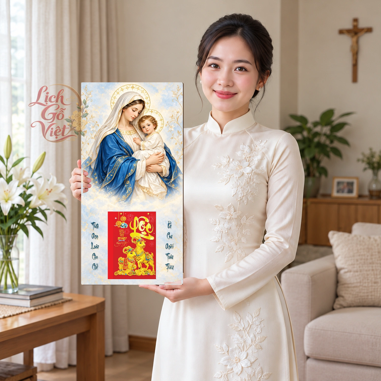 Lịch gỗ Công giáo Đức Mẹ bồng Chúa - Đồ họa 30x60cm - CG27-10 – ảnh 3