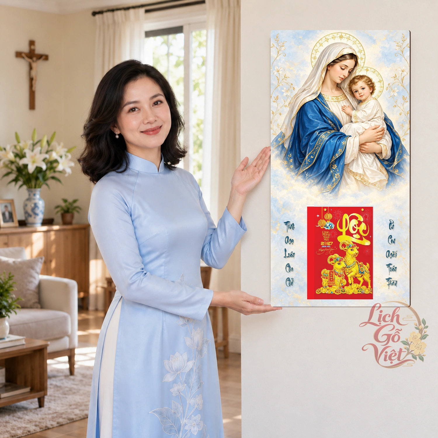 Lịch gỗ Công giáo Đức Mẹ bồng Chúa - Đồ họa 30x60cm - CG27-10 – ảnh 4
