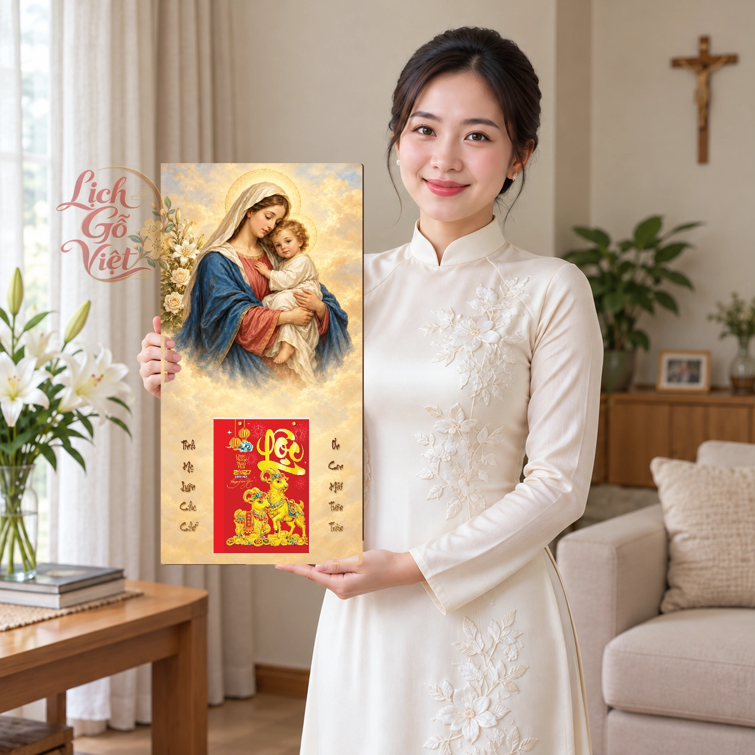 Lịch gỗ Công giáo Đức Mẹ bồng Chúa - Truyền thống 30x60cm - CG27-11 – ảnh 3