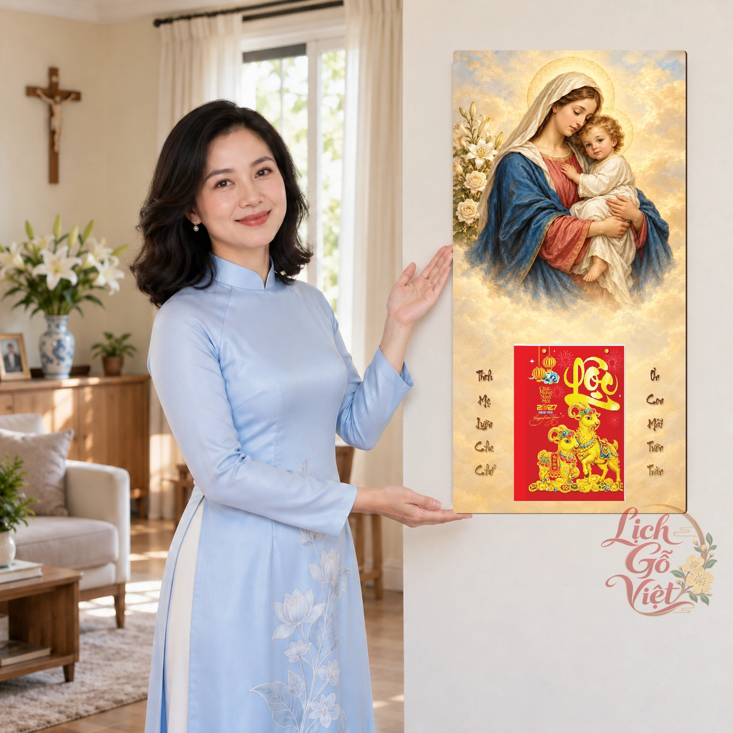 Lịch gỗ Công giáo Đức Mẹ bồng Chúa - Truyền thống 30x60cm - CG27-11 – ảnh 4