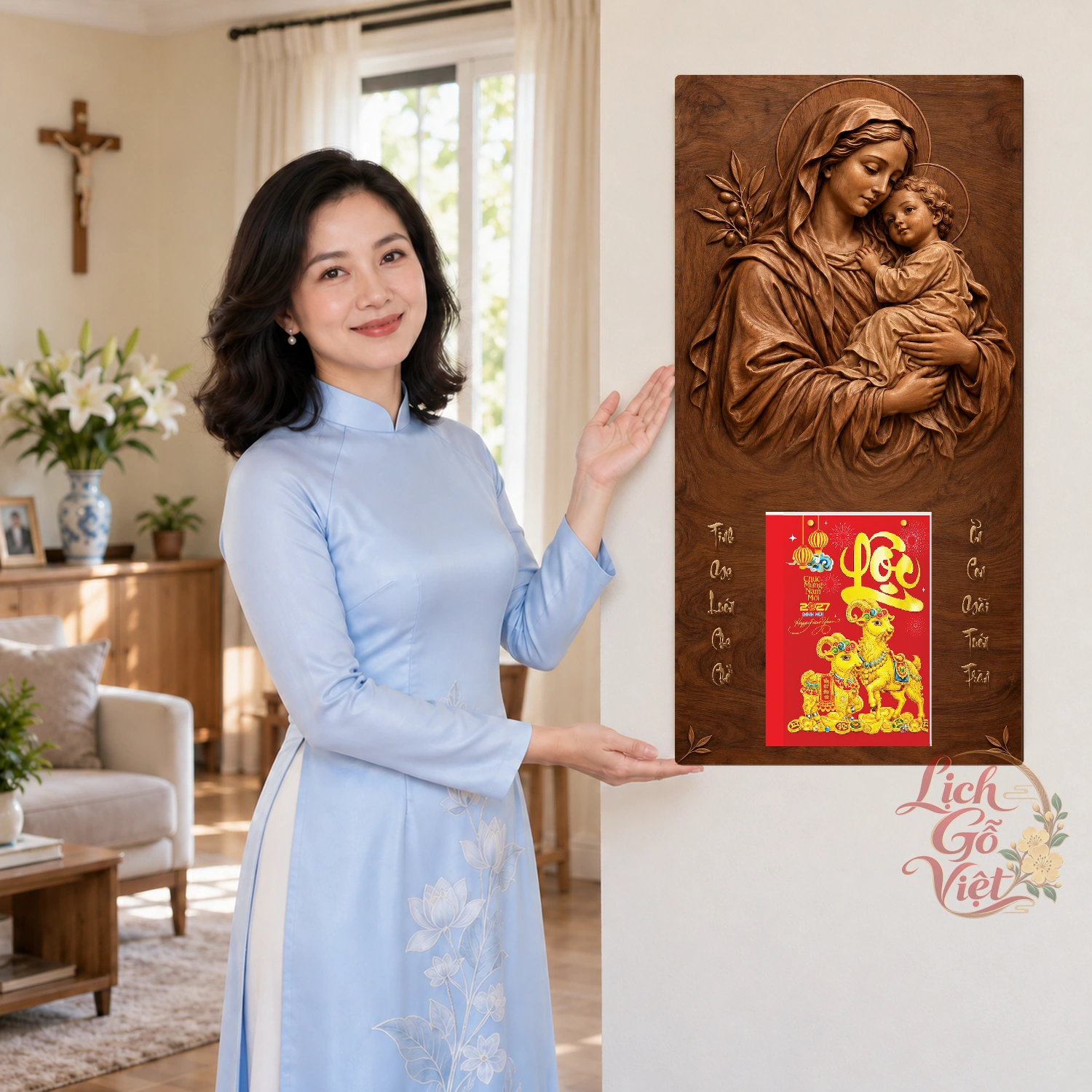 Lịch gỗ Công giáo Đức Mẹ bồng Chúa - Walnut3D 30x60cm - CG27-12 – ảnh 4