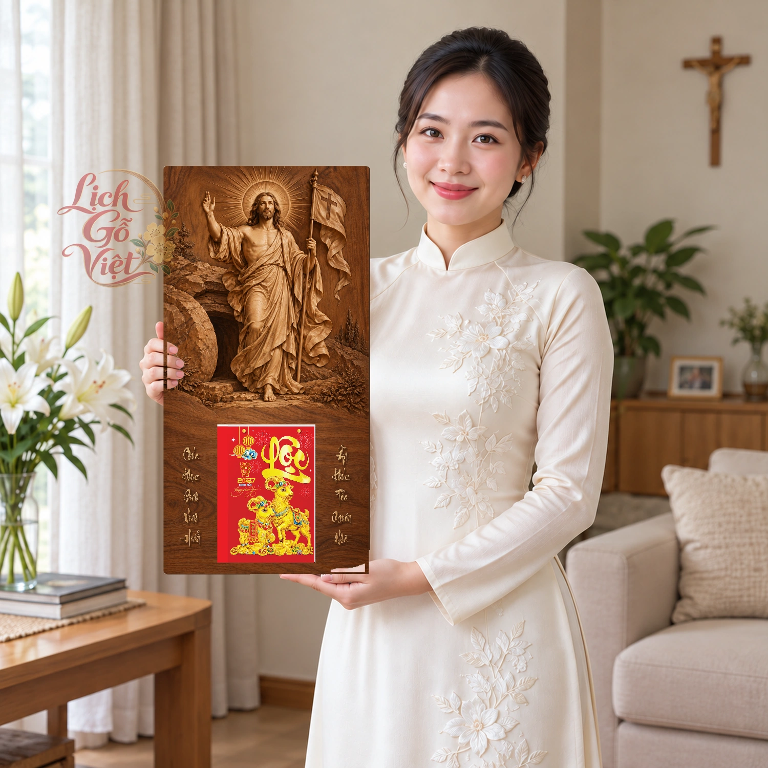 Lịch gỗ Công giáo Mừng Chúa Phục Sinh - Walnut 3D 30x60cm - CG27-15 – ảnh 3